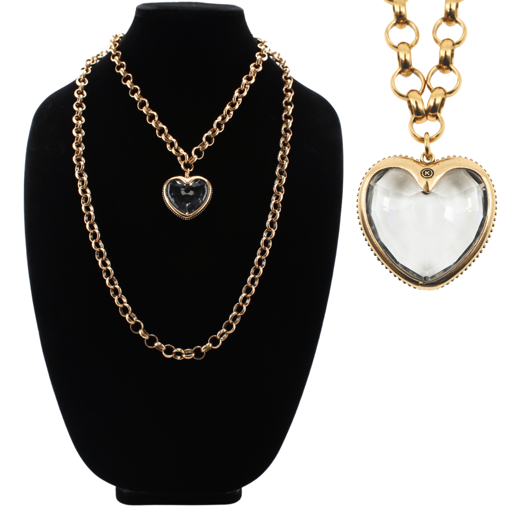 Gold chain necklace with heart-shaped pendants on a black stand and close-up view.