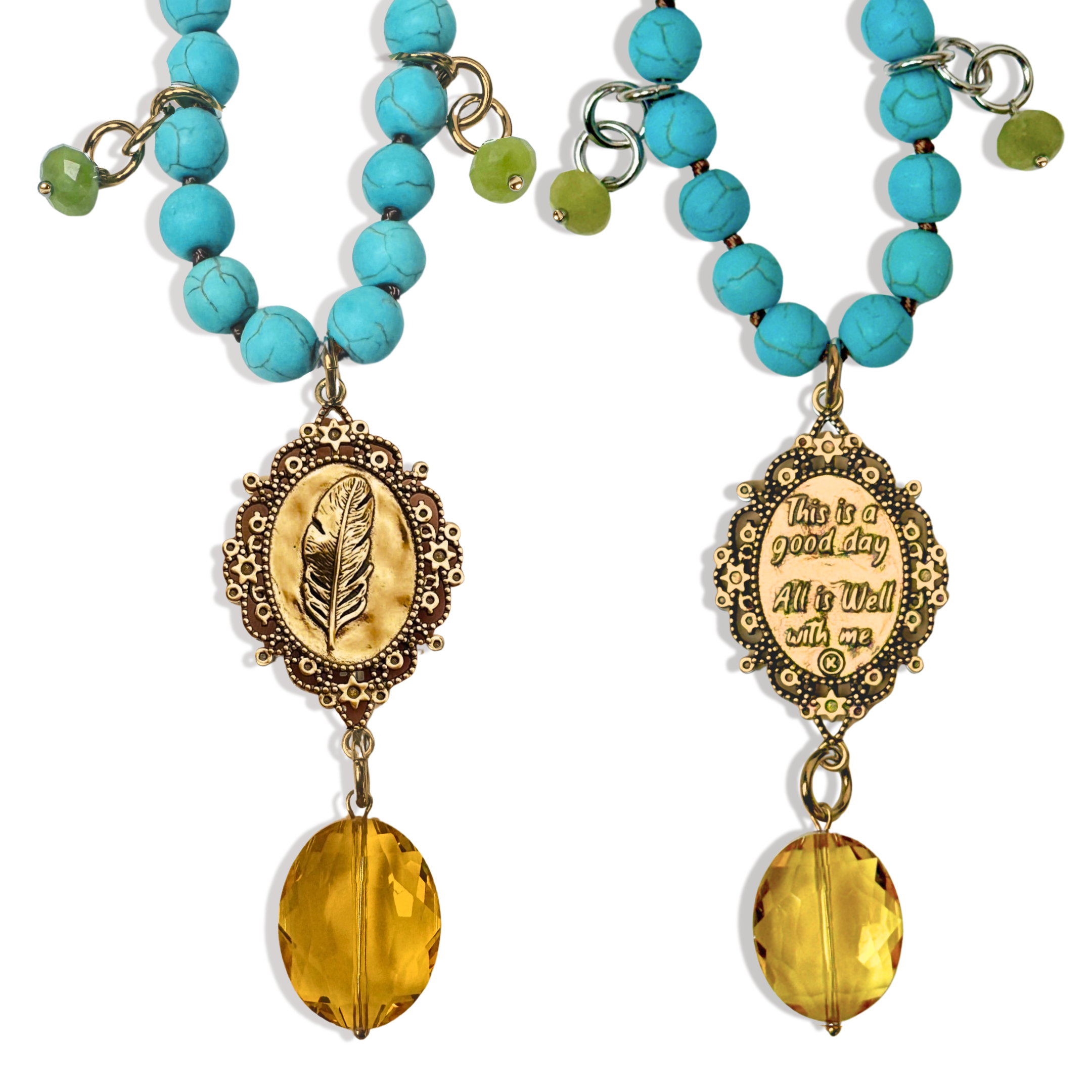 Necklace with turquoise beads, gold pendants, and yellow accents on a white background