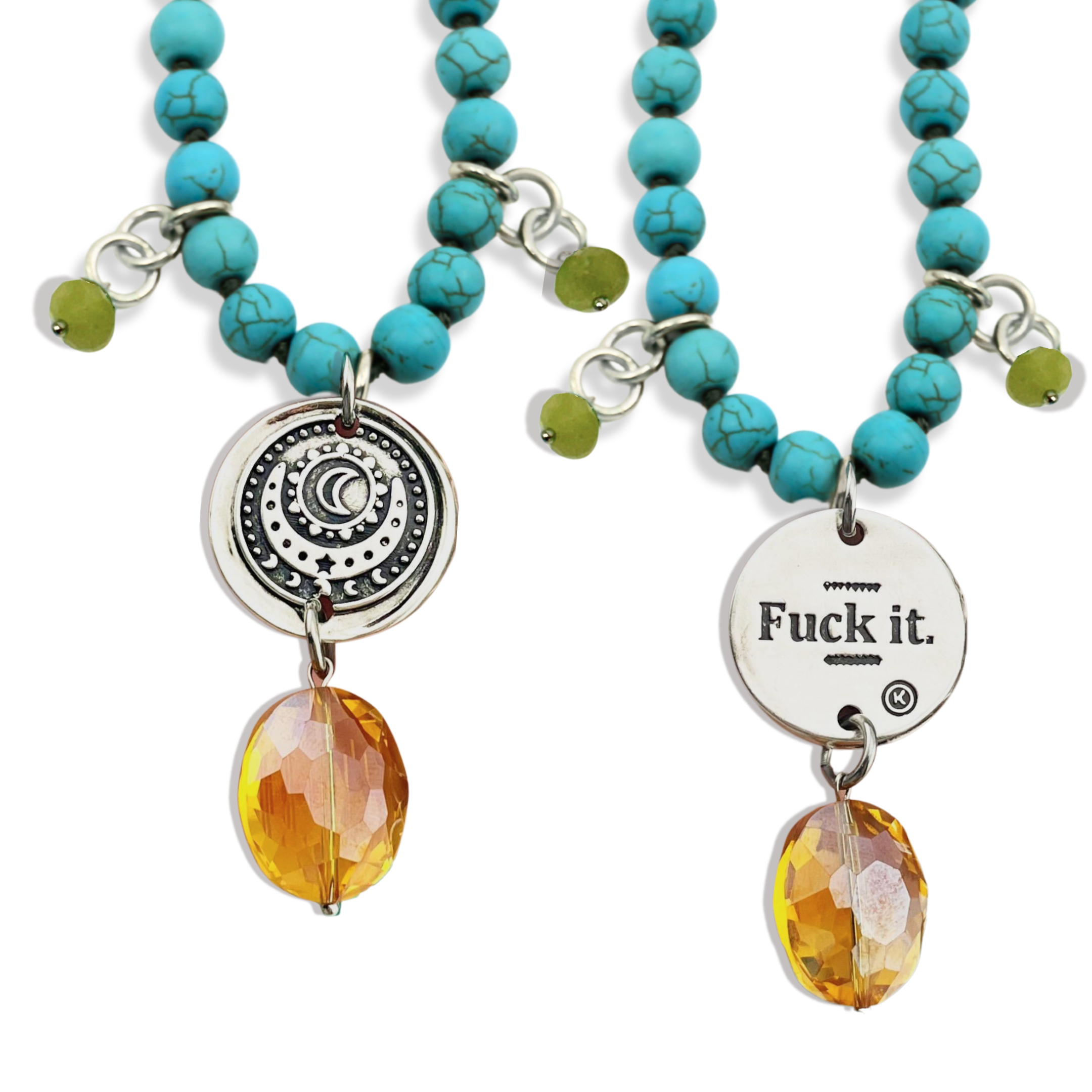 Turquoise beaded necklace with a yellow pendant and 'Fuck it.' charm on a white background