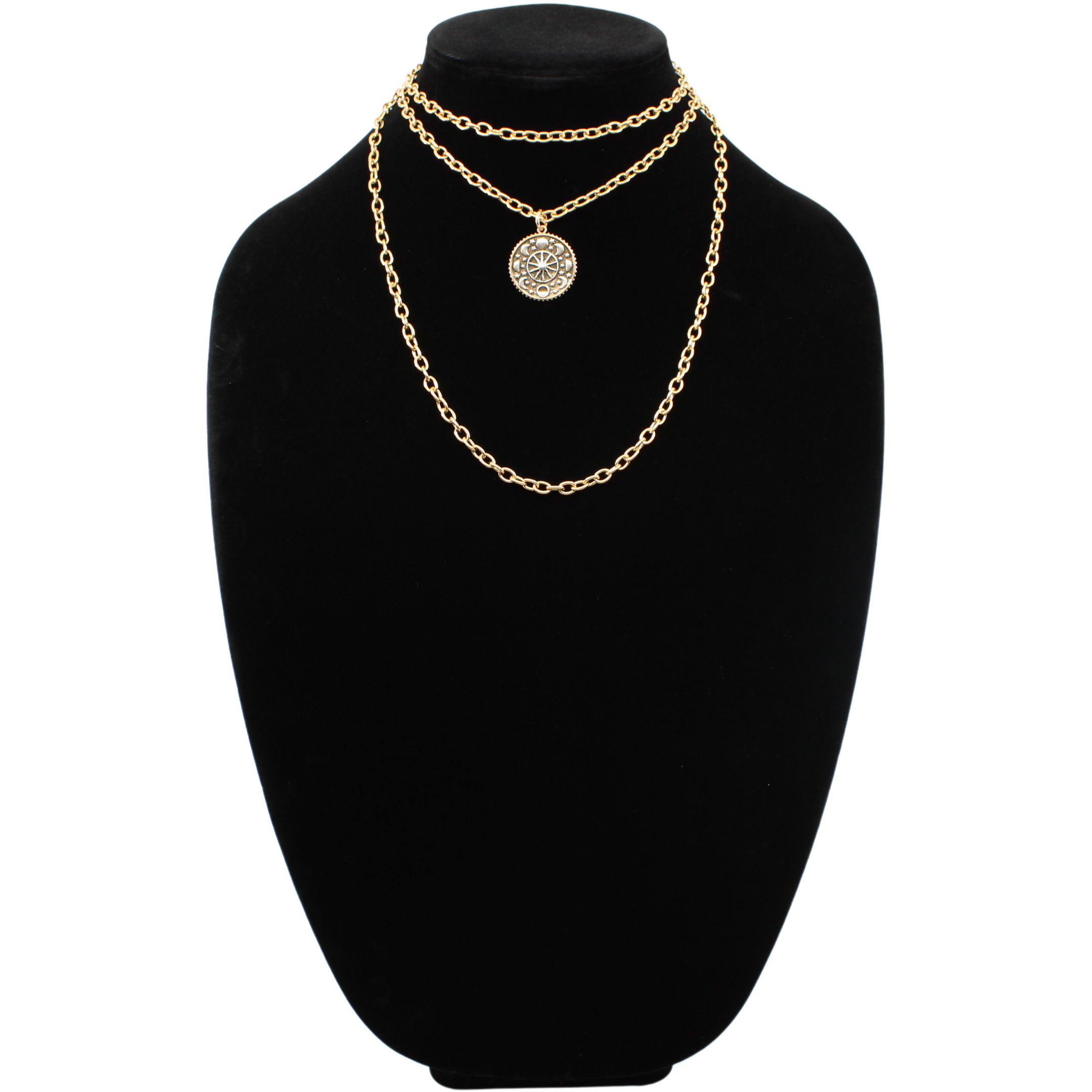 Two views of a decorative medallion necklace: front with moon phases, the other with the word Trust inscribed. Both feature a sleek magnetic clasp for easy wear and a mixed-metal pendant design that adds elegance.