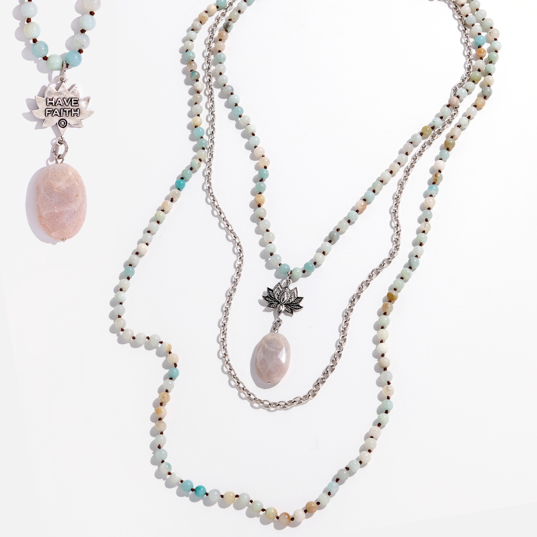 Two views of a long beaded necklace with a lotus pendant and a faceted peach quartz drop stone, with one showing the front and the other showing the back with the inscription 'HAVE FAITH'.