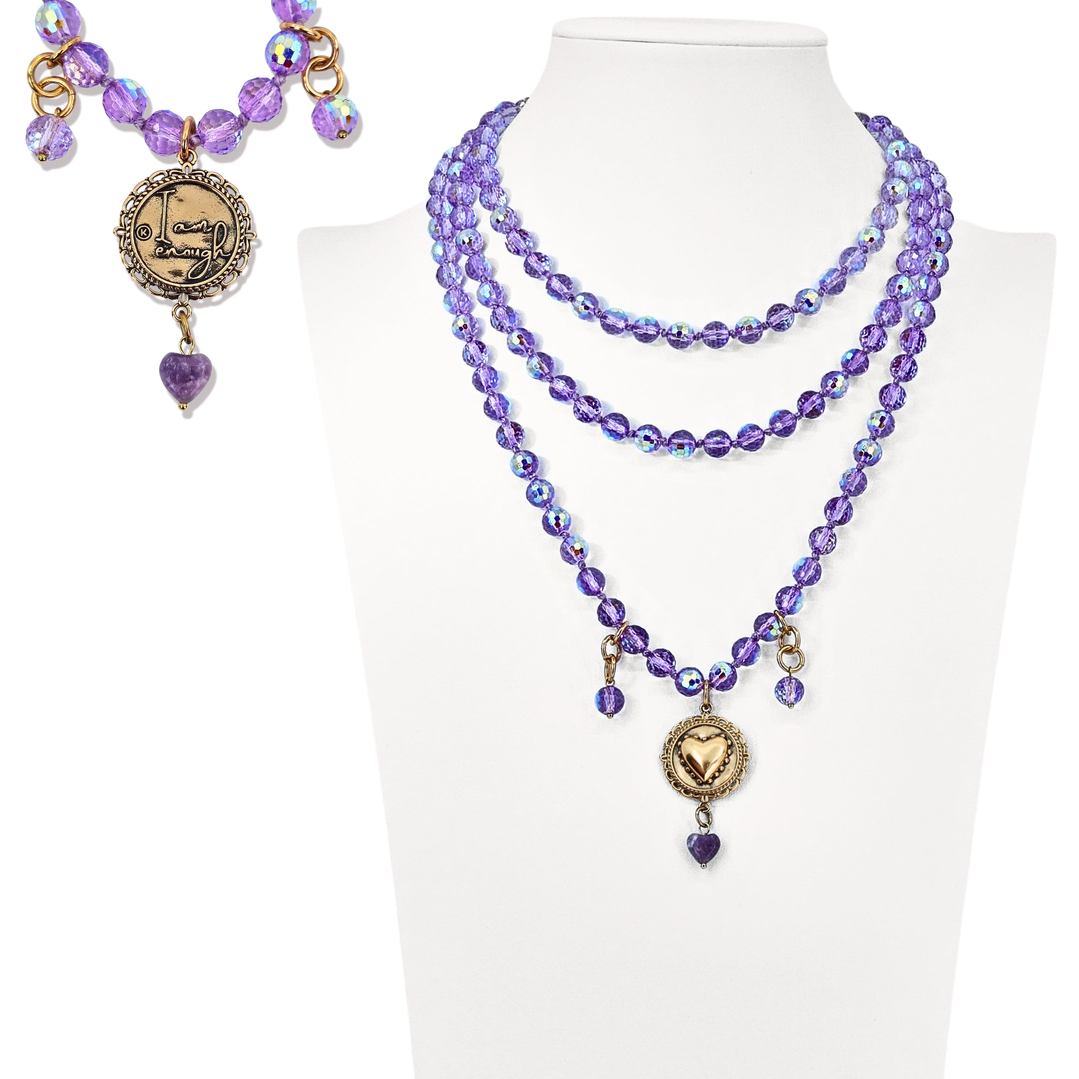 Purple beaded necklace with heart-shaped charms on a mannequin bust against a white background