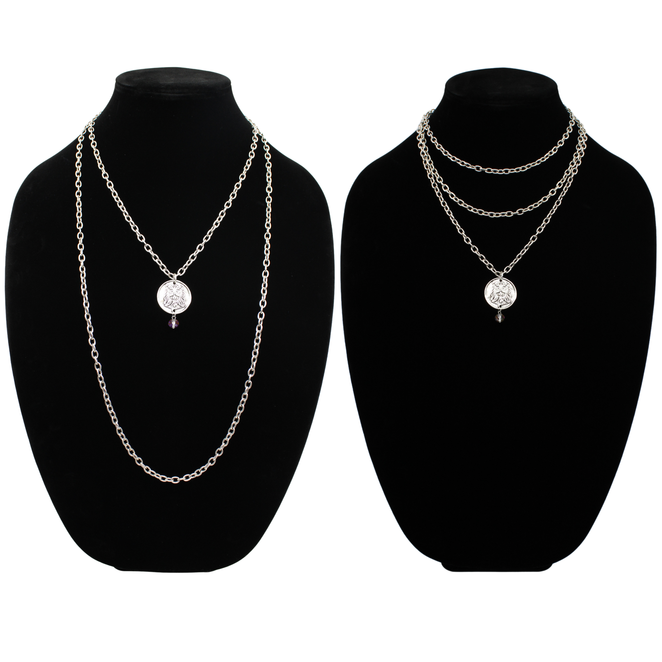 Two chain necklaces with round pendants: one silver with LISTEN adorned in plated brass and small beads, the other silver featuring a face design. Each piece exudes charm, enhanced by subtle crystal accents.
