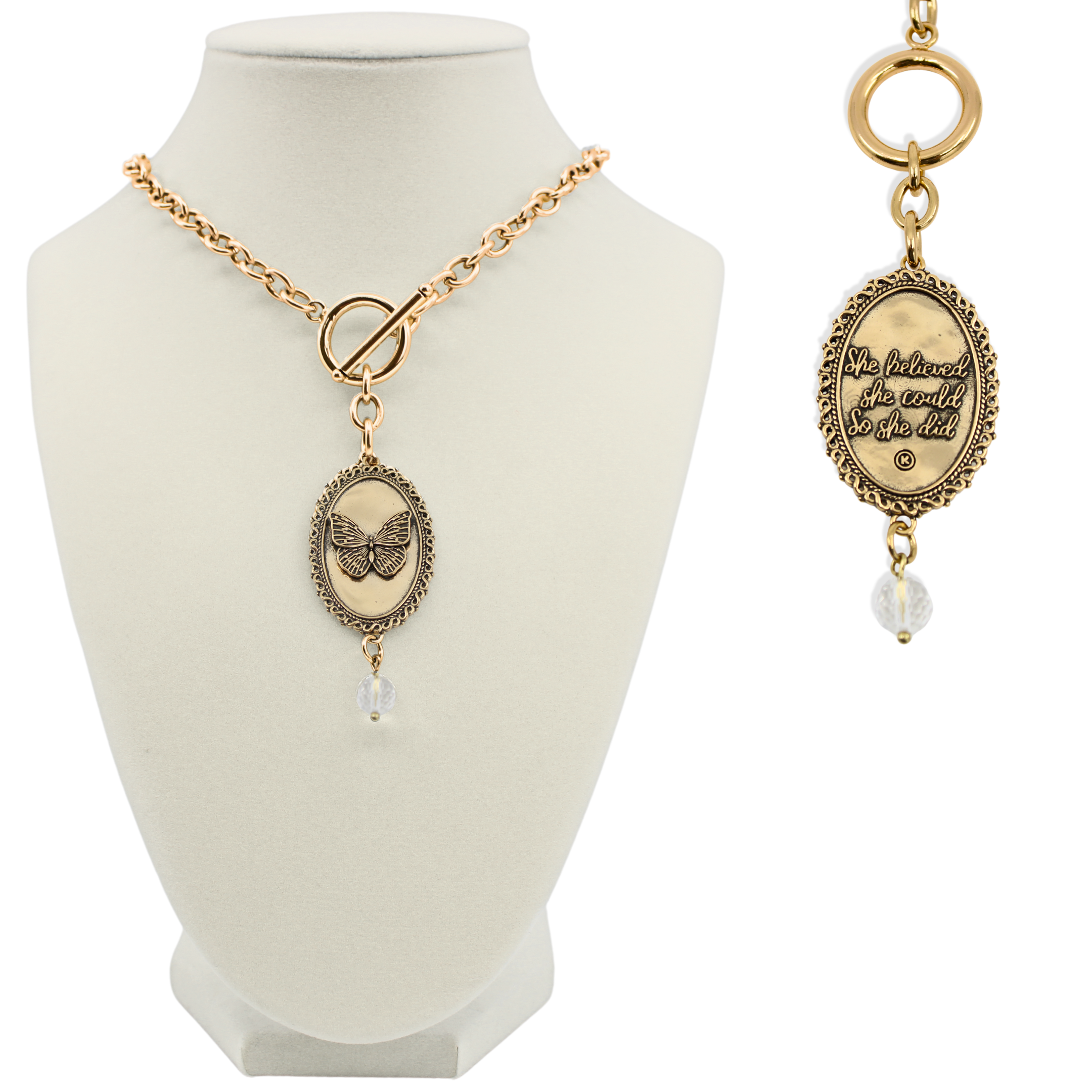 Gold necklace with pendant on a mannequin bust and close-up on a white background