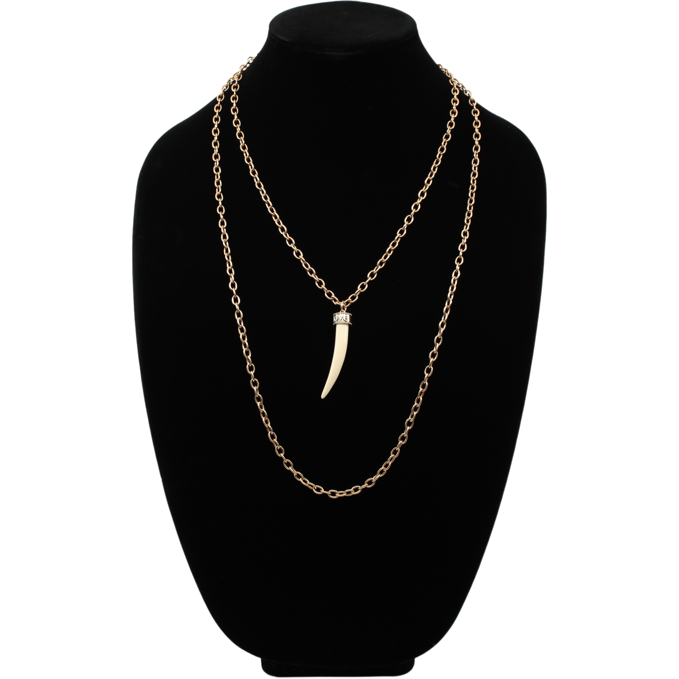 tusk-shaped pendants, crafted from synthetic polymer, hang gracefully from mixed metal design chain necklaces of silver and bronze, displayed side by side on a white background.