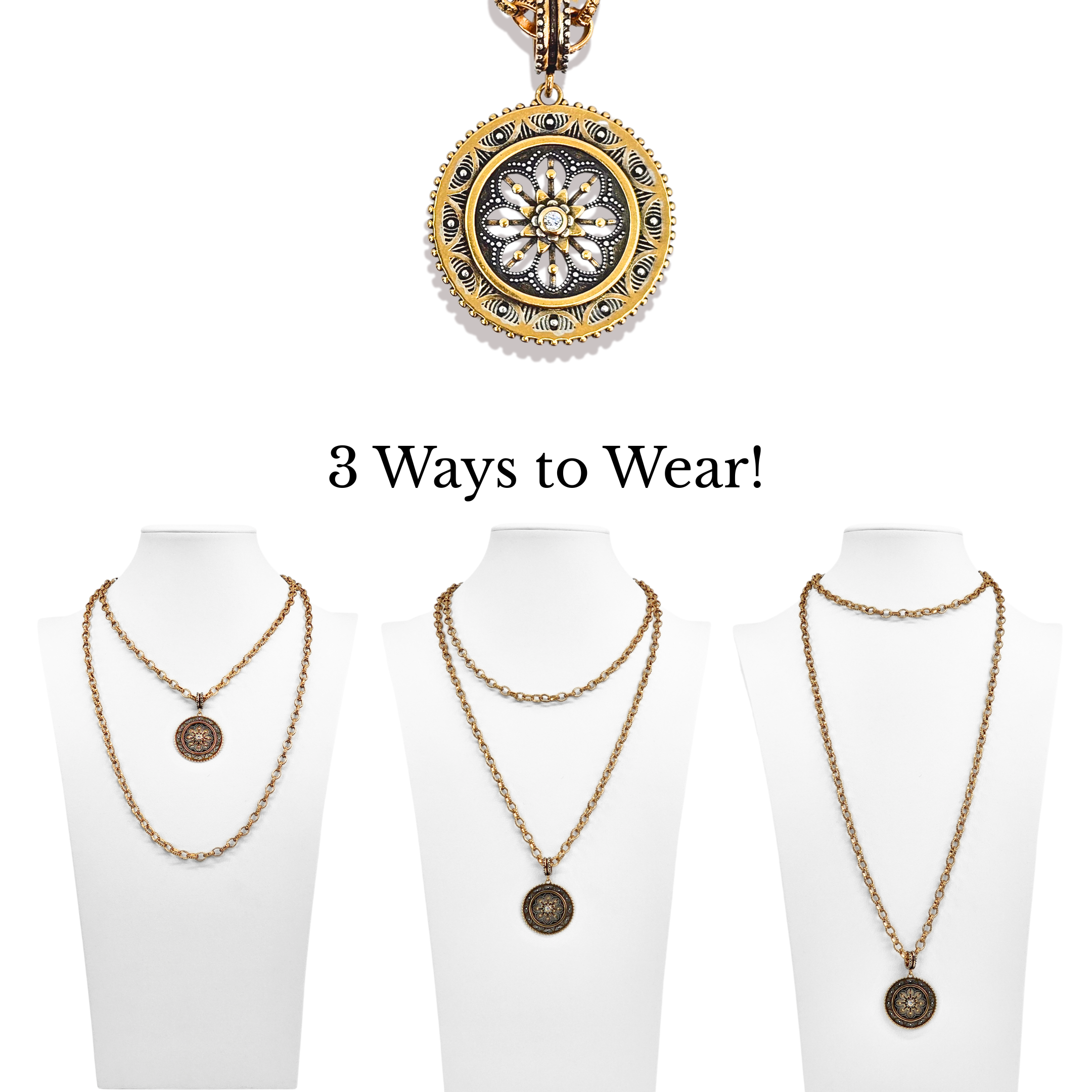 Three necklace displays with a pendant on a white background, labeled '3 Ways to Wear'.