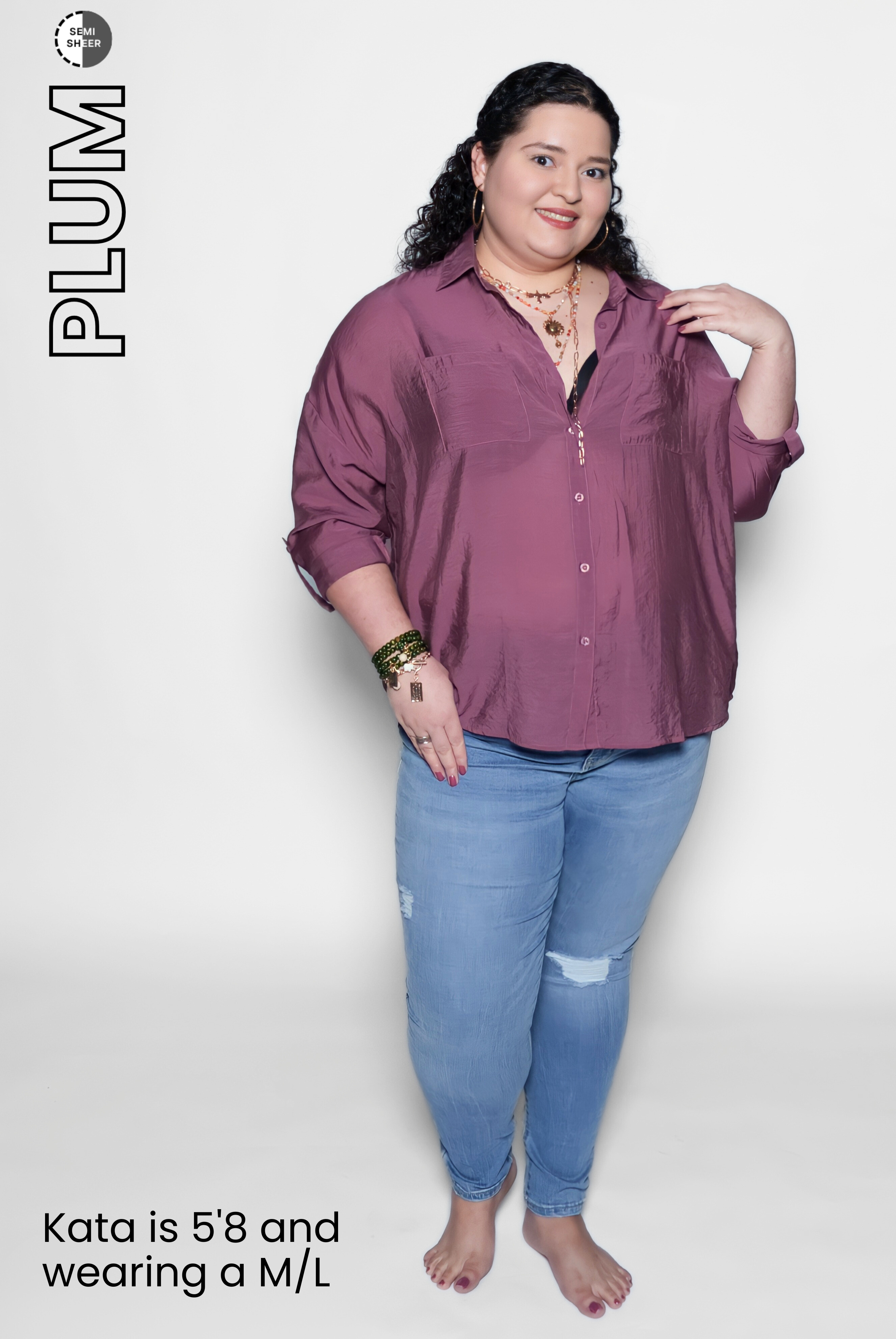 Woman wearing a plum-colored shirt and blue jeans on a white background with 'PLUM' branding.