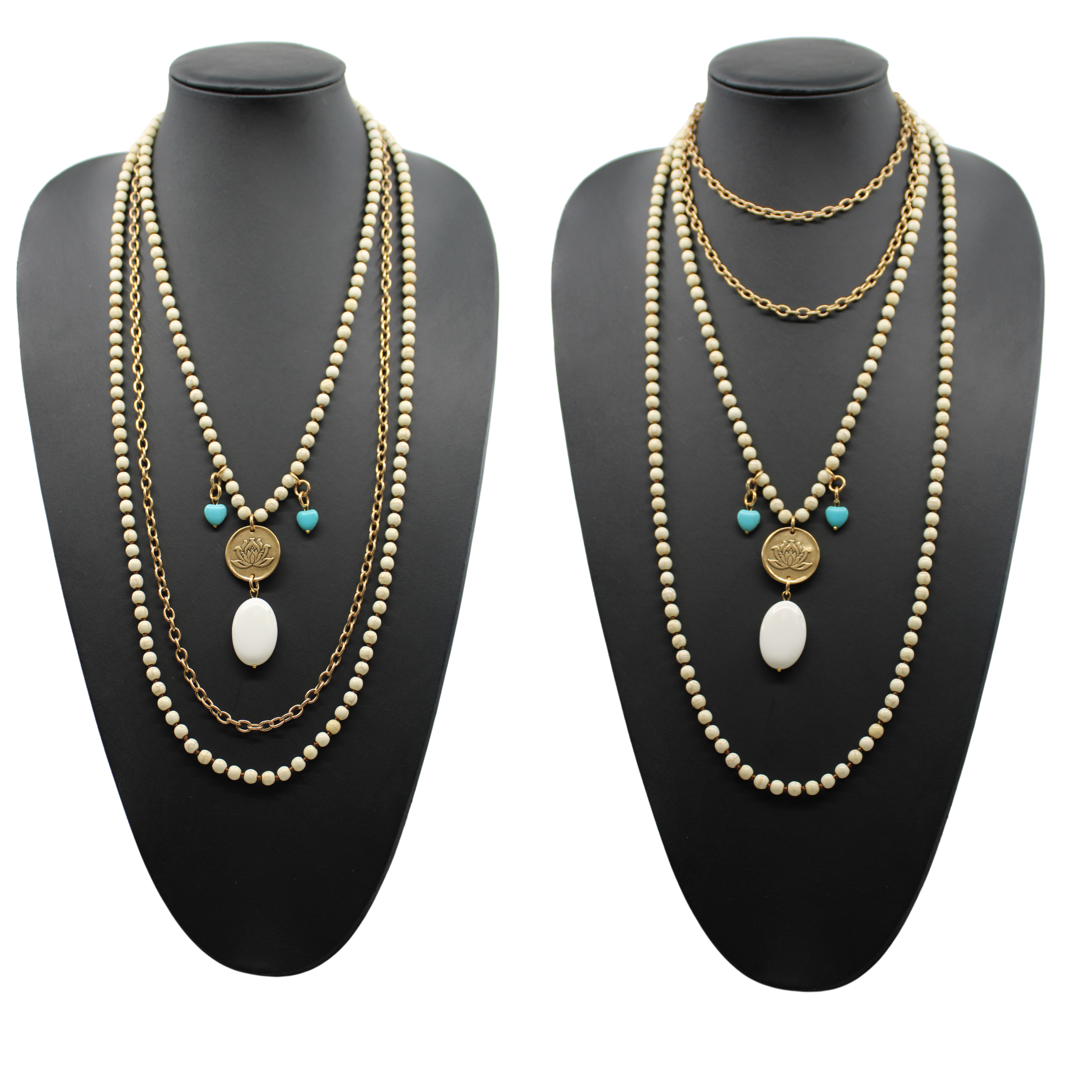 A person wearing a black shirt and showcasing a long gold chain necklace with off-white and blue howlite stones, along with matching bracelets and earrings.