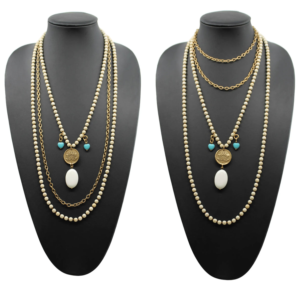 A person wearing a black shirt and showcasing a long gold chain necklace with off-white and blue howlite stones, along with matching bracelets and earrings.
