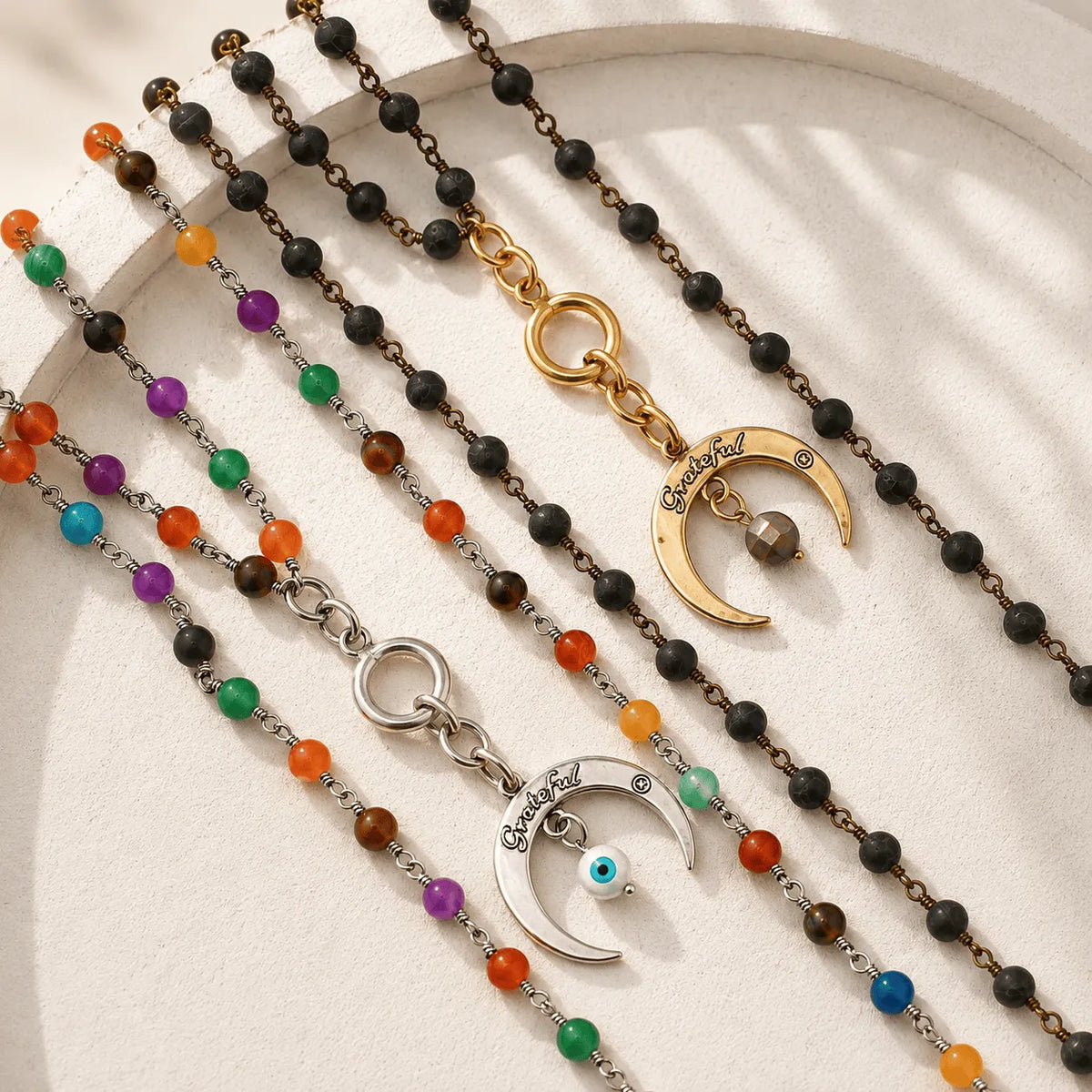 Grateful Crescent Moon Long Rosary Chain Necklace