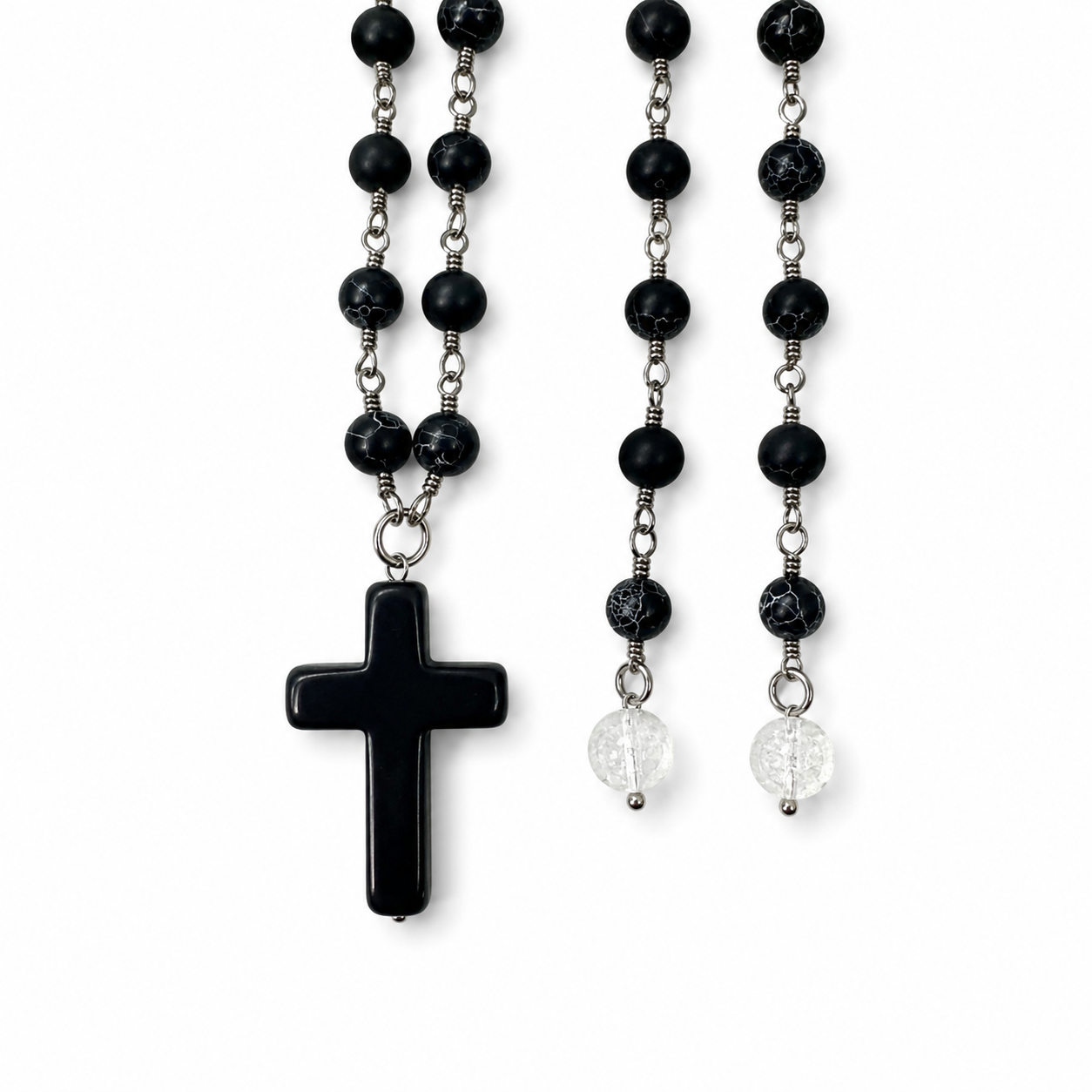 Howlite Cross Onyx Rosary Necklace