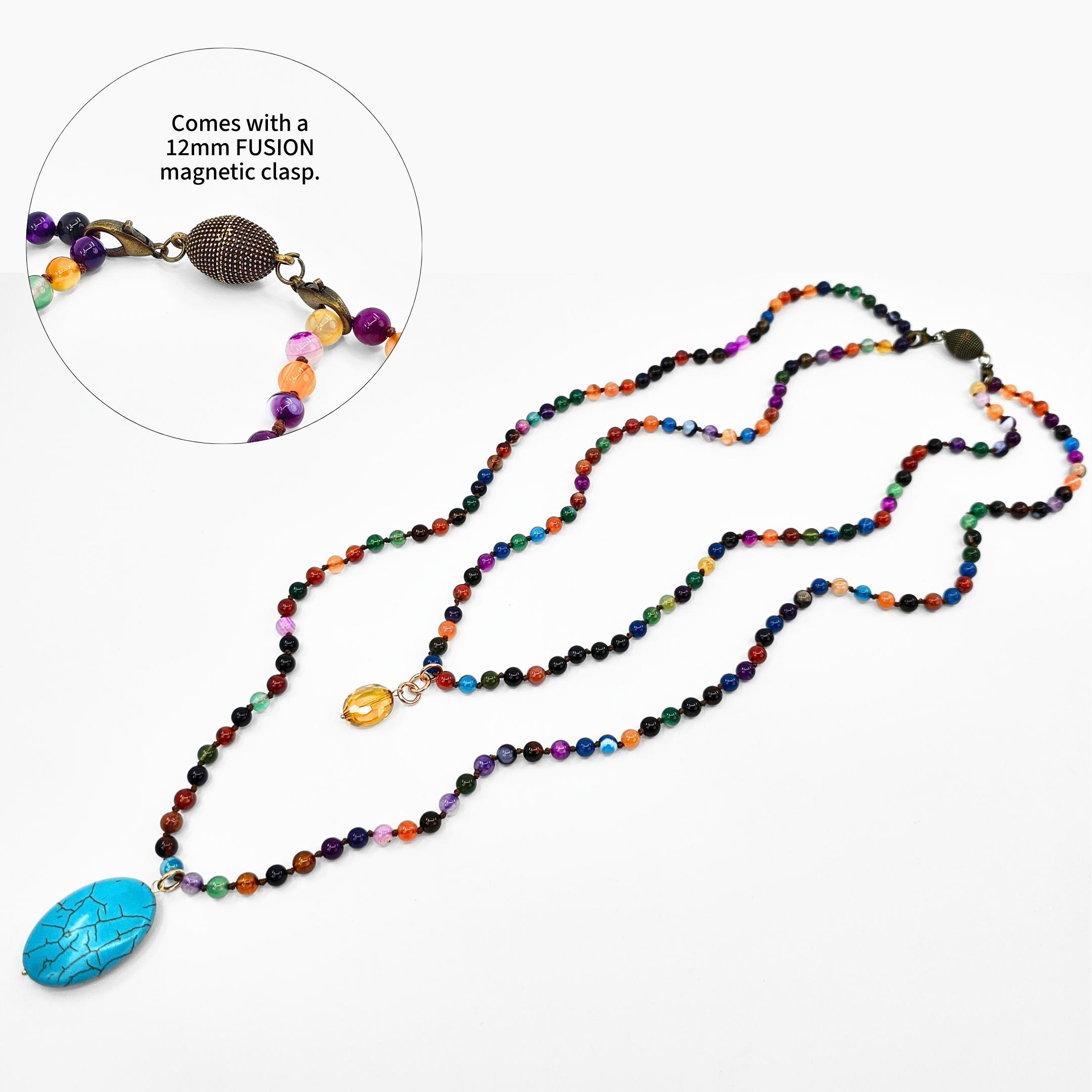 Colorful beaded necklace with a turquoise pendant on a white background