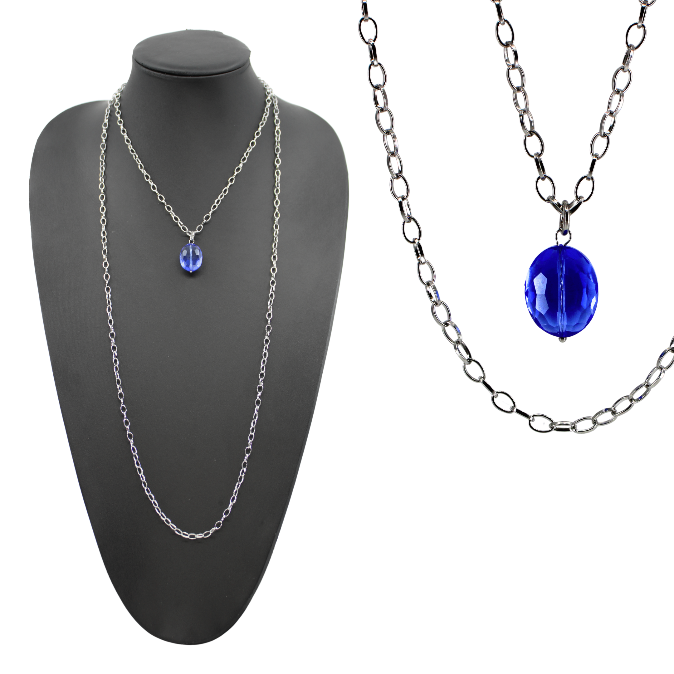 Two chain necklaces, one with a silver finish and the other with an antique gold finish, each featuring a large faceted royal blue crystal.