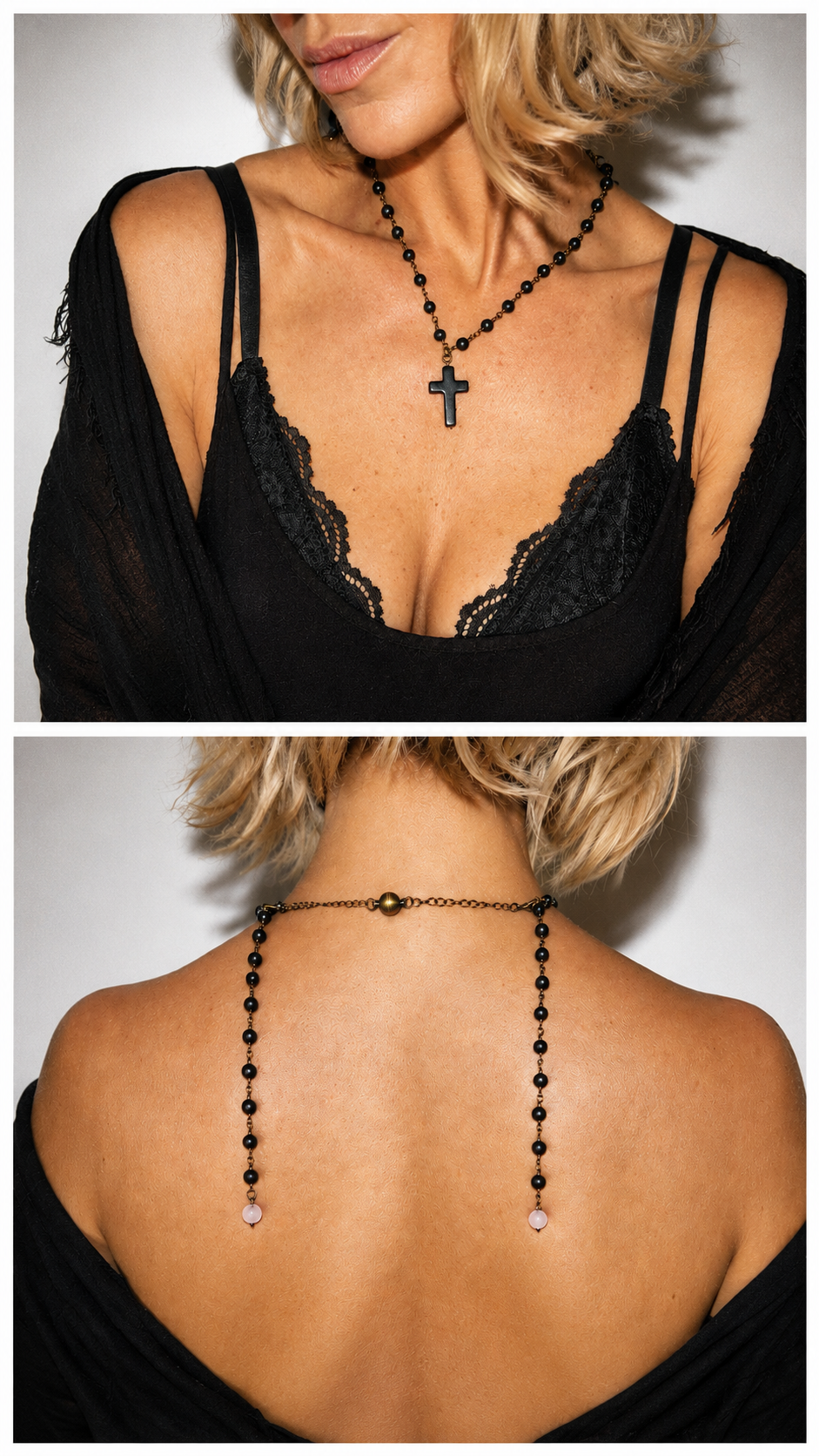 Howlite Cross Onyx Rosary Necklace