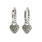 Silver heart-shaped earrings with 'LOVE' inscription on a white background