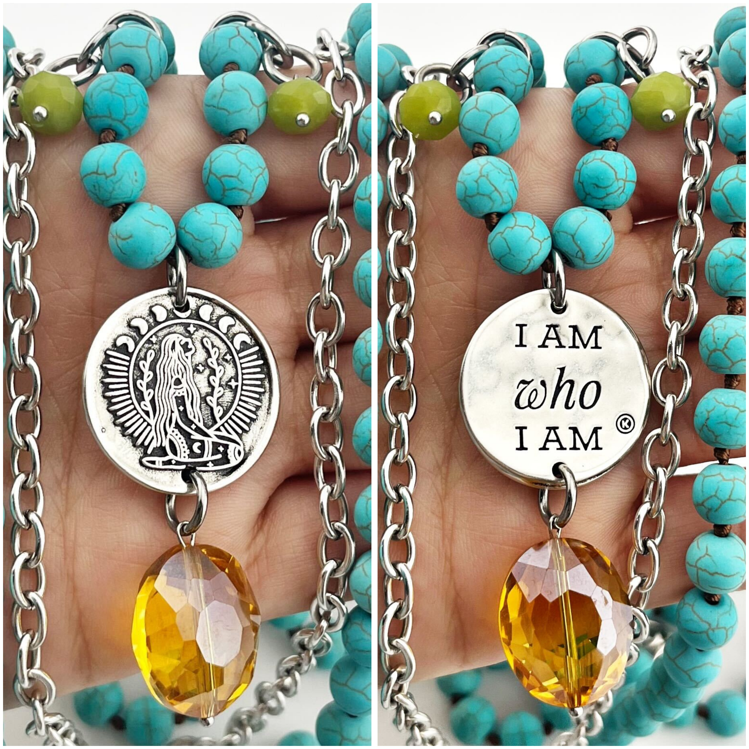 A person wearing a white shirt accessorized with a long blue howlite necklace with a chain detail and multiple pendants, along with matching bracelets.