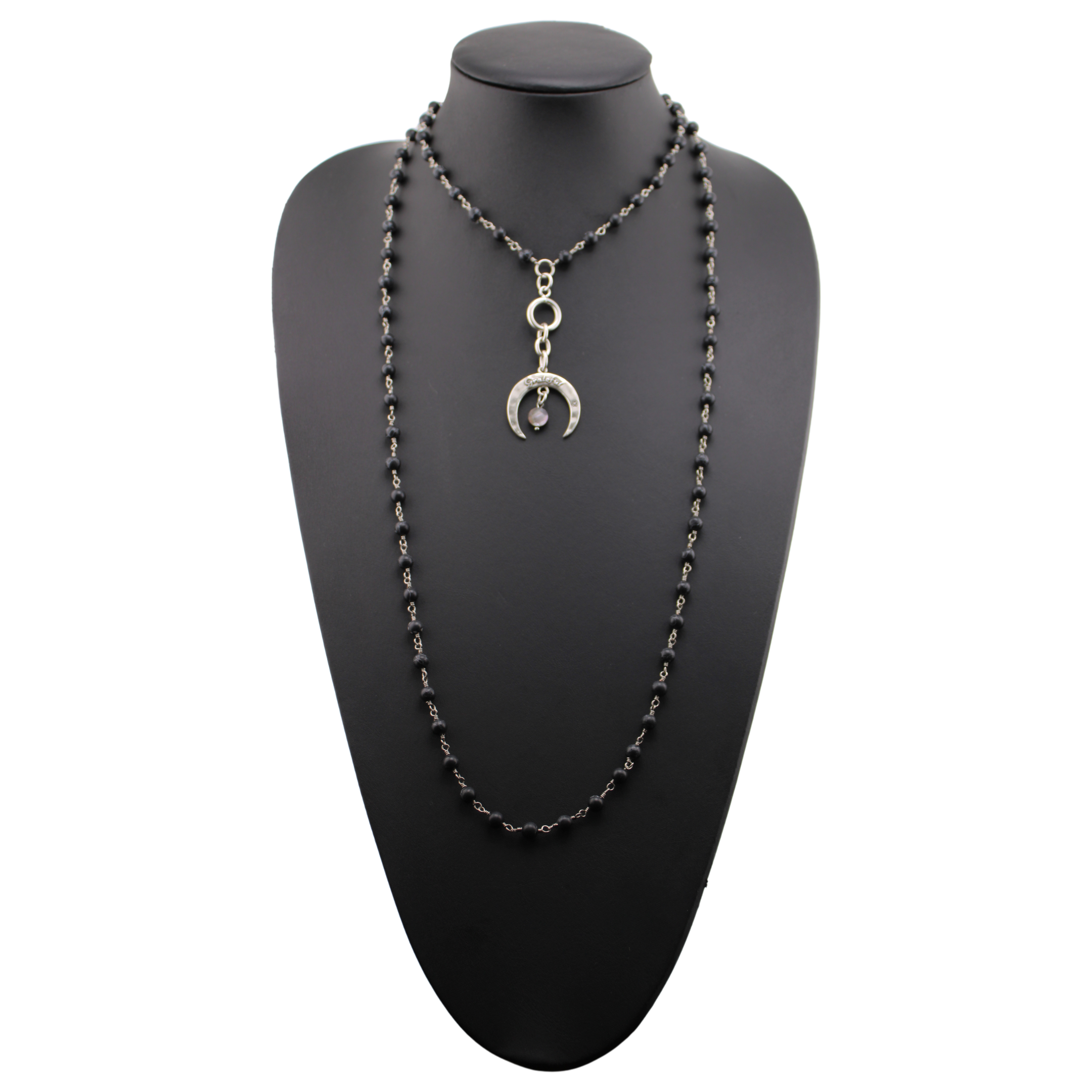 A long rosary chain necklace with black and multicolored beads, featuring crescent moon charms and a magnetic clasp.