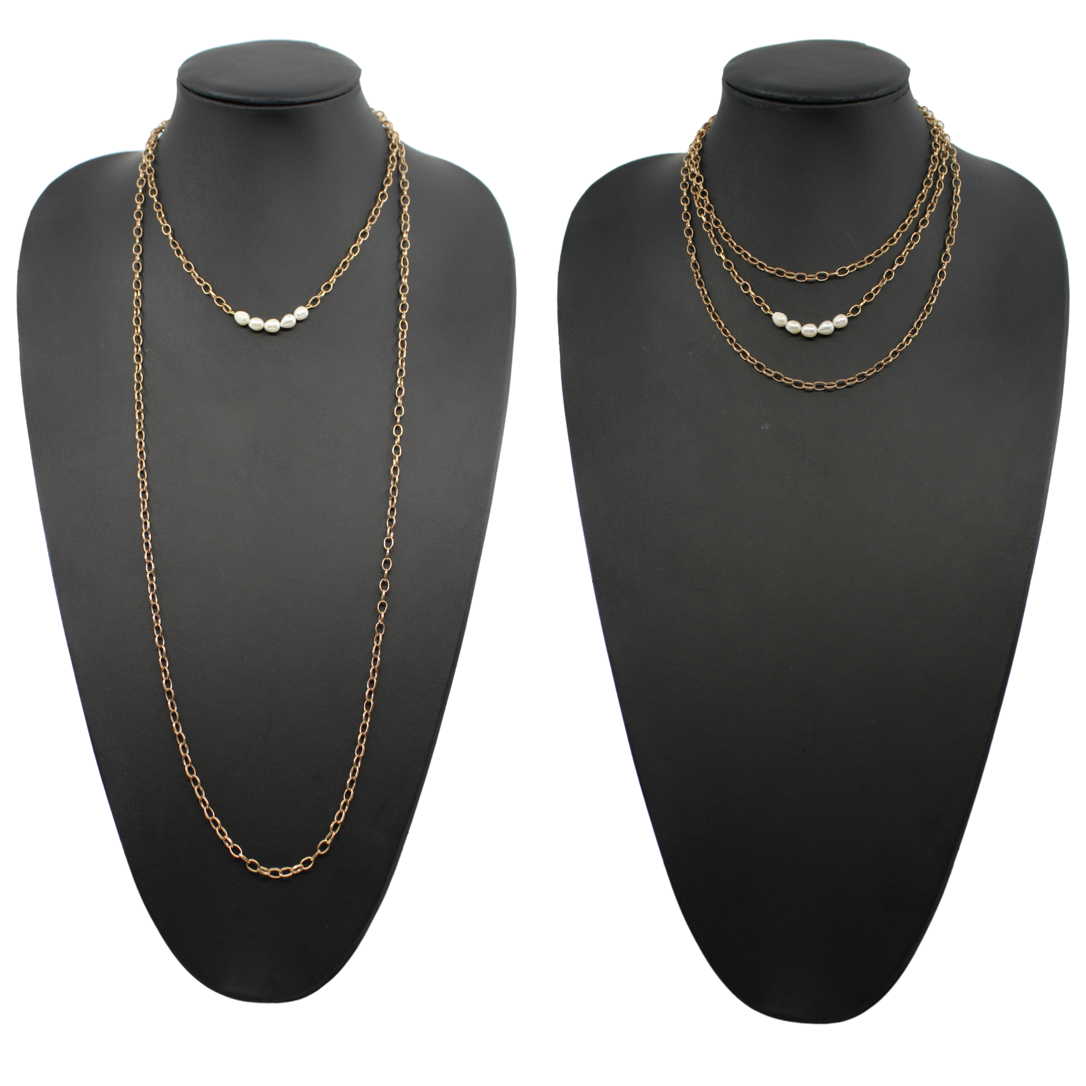 Two layering chain necklaces, one in gold finish and one in silver, each with pearl accent stones.