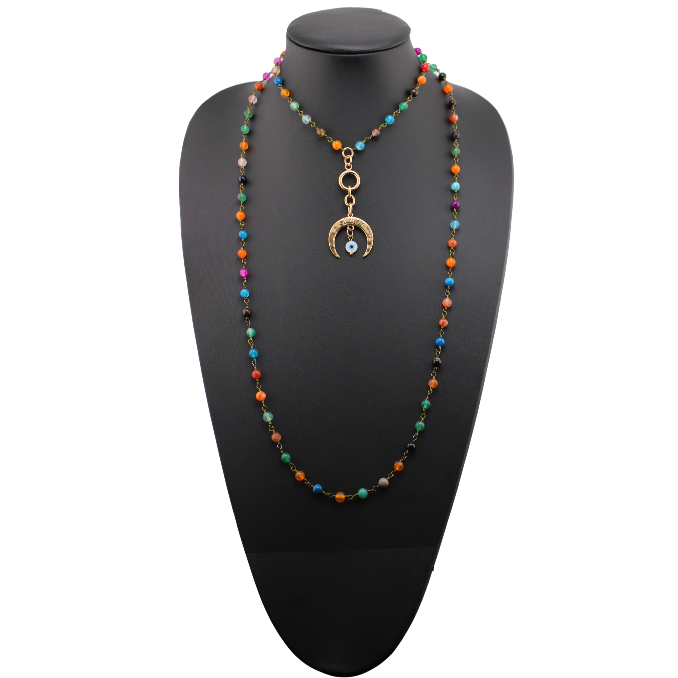 A long rosary chain necklace with black and multicolored beads, featuring crescent moon charms and a magnetic clasp.