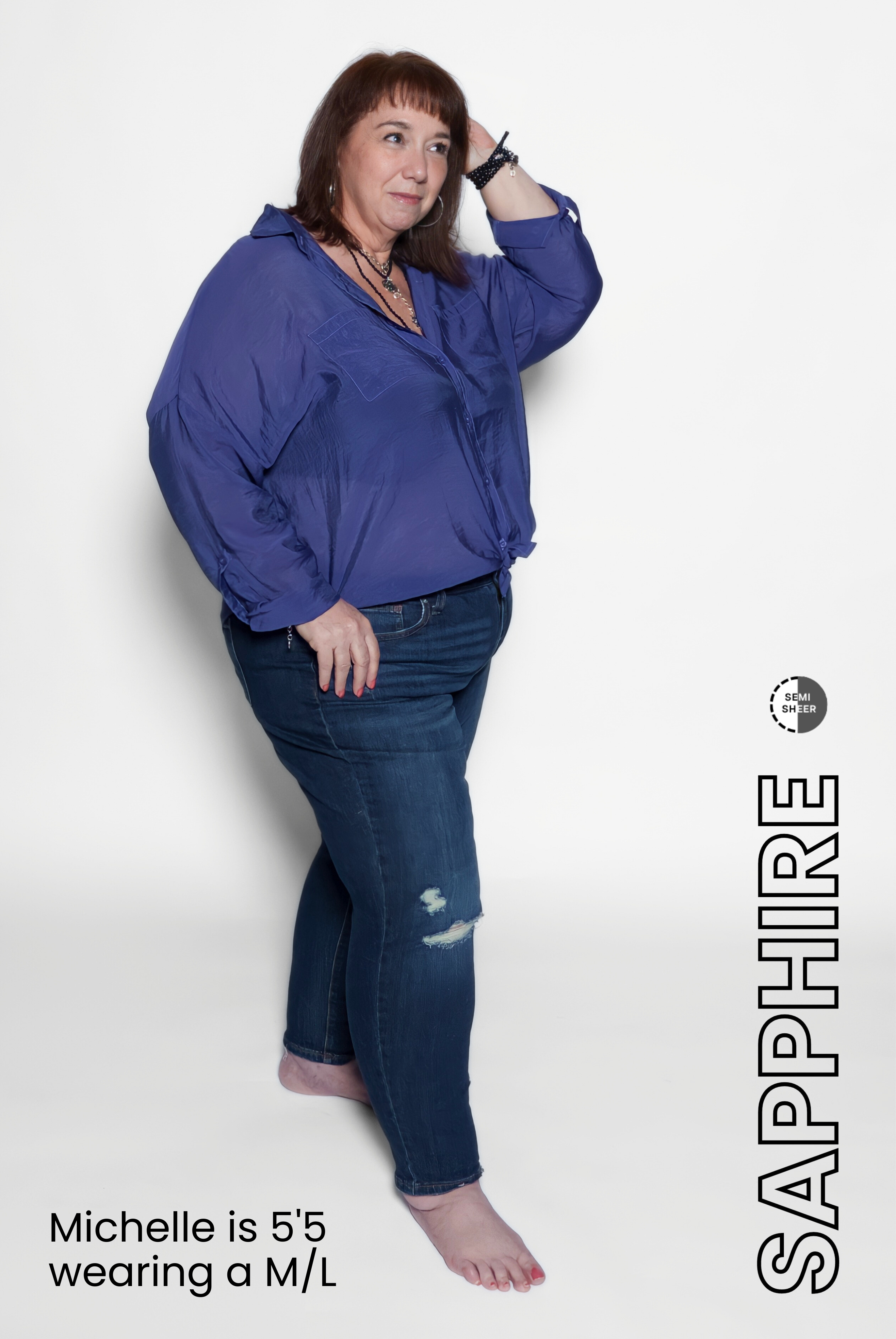 Woman wearing a blue outfit with 'Sapphire' branding on a white background