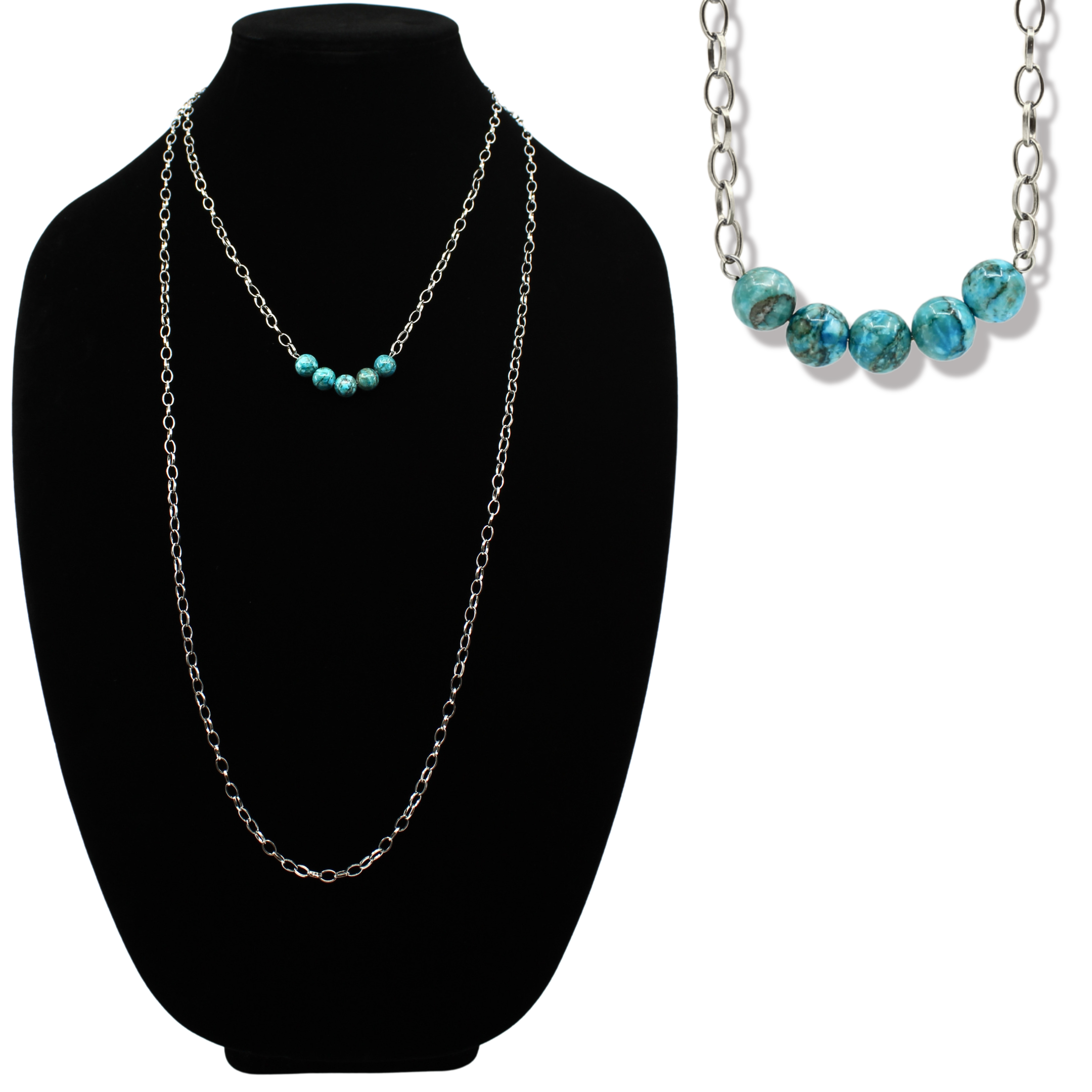 Turquoise beaded necklace on a black bust and additional turquoise beaded necklace on a white background.