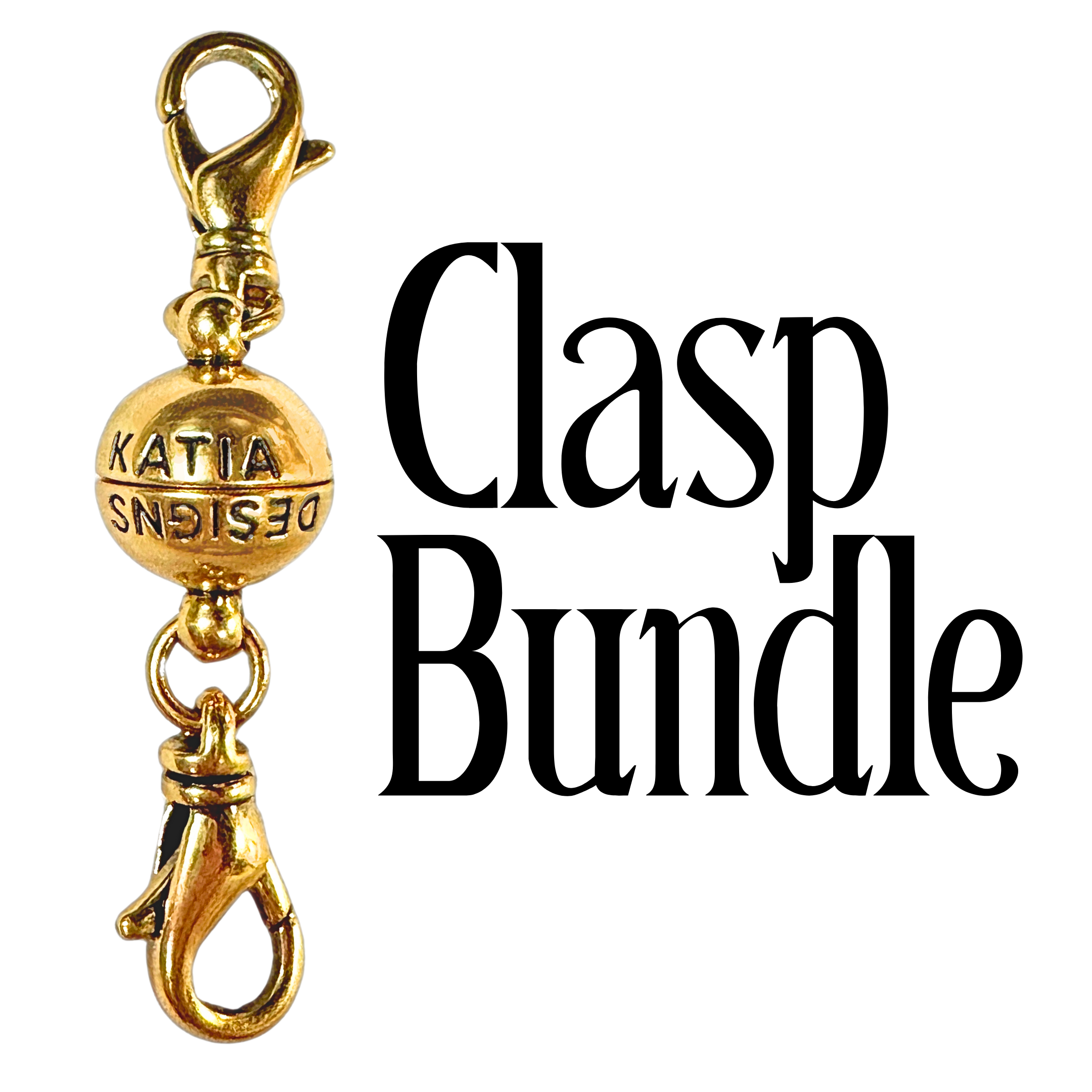 A set of three gold-colored magnetic clasps with the brand name 'Katia Designs' on a white background, accompanied by the text 'Clasp Bundle'.