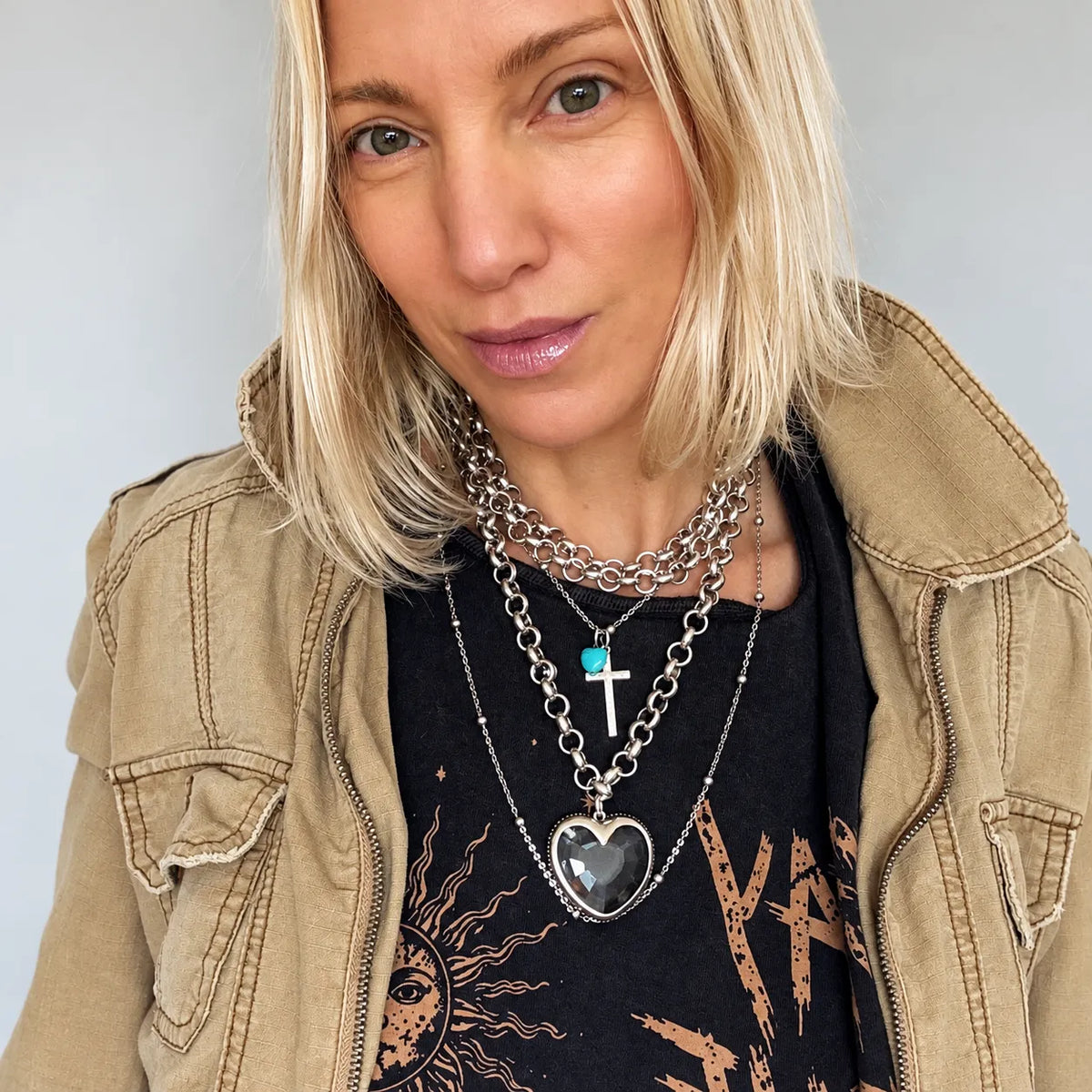 Crystal Heart Chunky Chain Layering Necklace