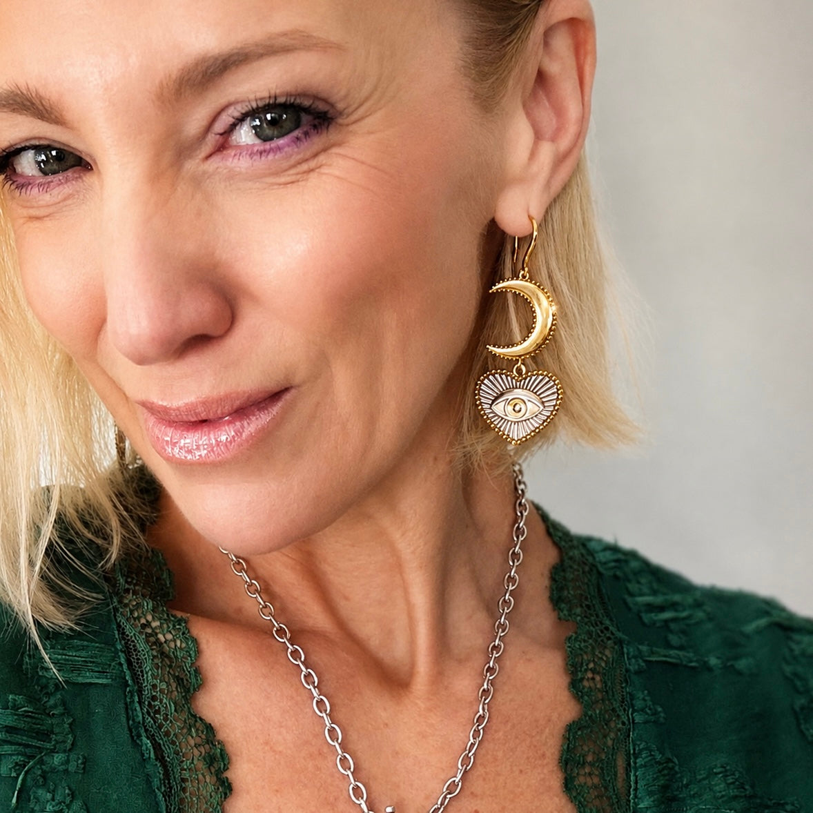 Trust Moon & All-Seeing Eye Heart Drop Earrings