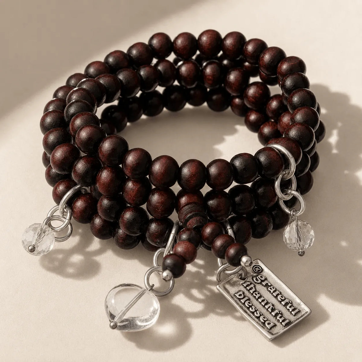 Grateful Thankful Blessed Heart Wood Boho Wrap Bracelet/Necklace