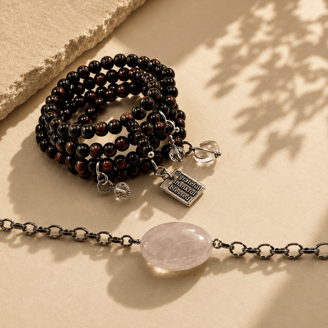 Grateful Thankful Blessed Wood Boho Wrap Layering Set