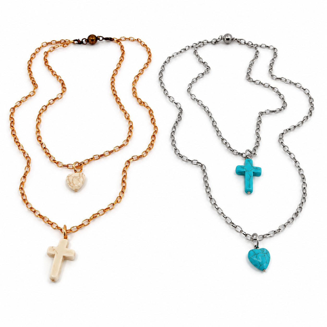 Howlite Cross & Heart Dainty Necklace