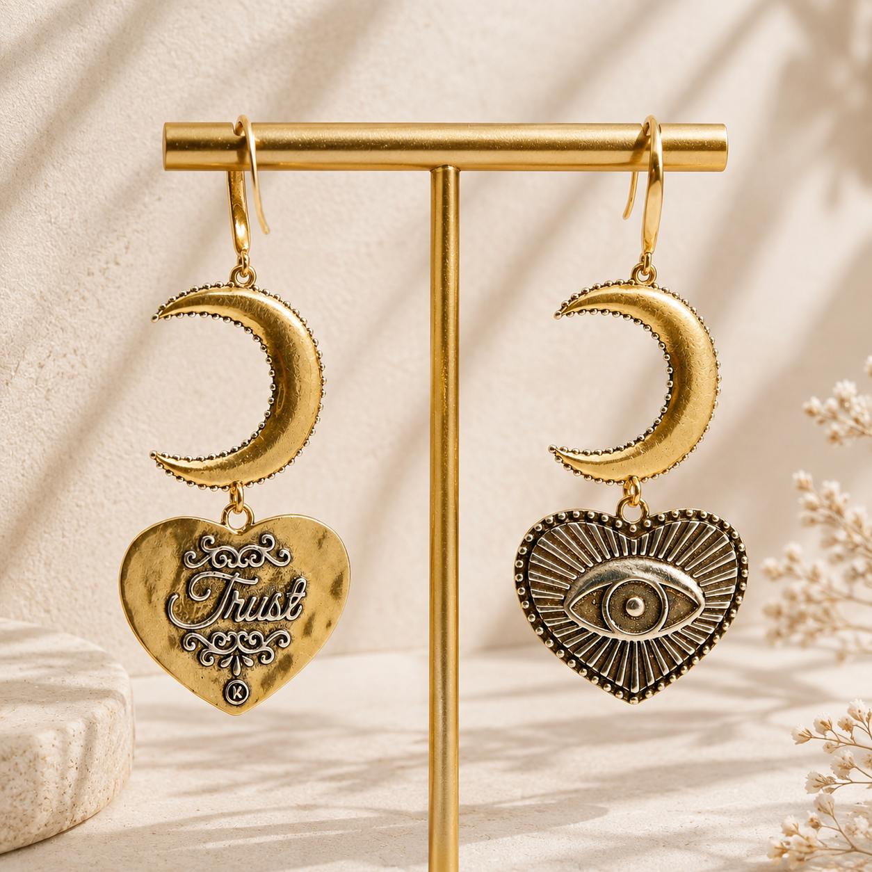 Trust Moon & All-Seeing Eye Heart Drop Earrings