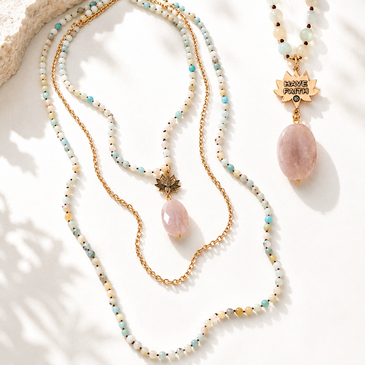 Have Faith Lotus Amazonite Long Chain Fusion Necklace