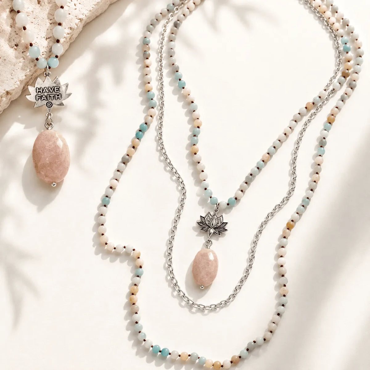 Have Faith Lotus Amazonite Long Chain Fusion Necklace