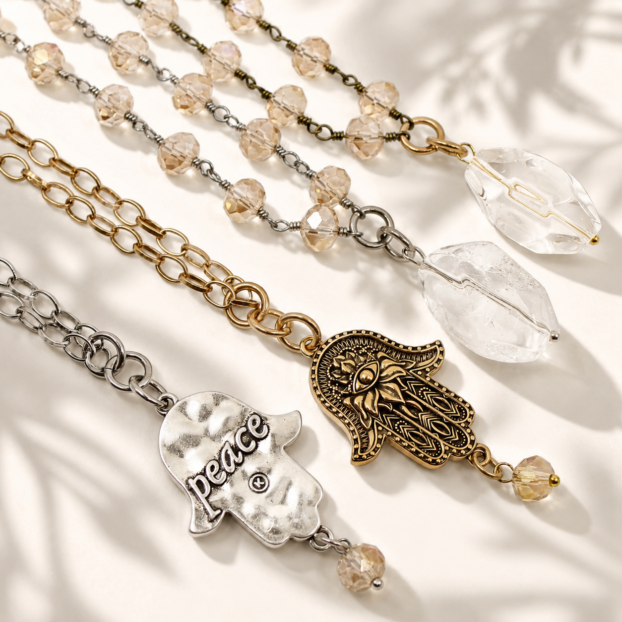 Peace Hamsa Rosary Necklace Layering Set