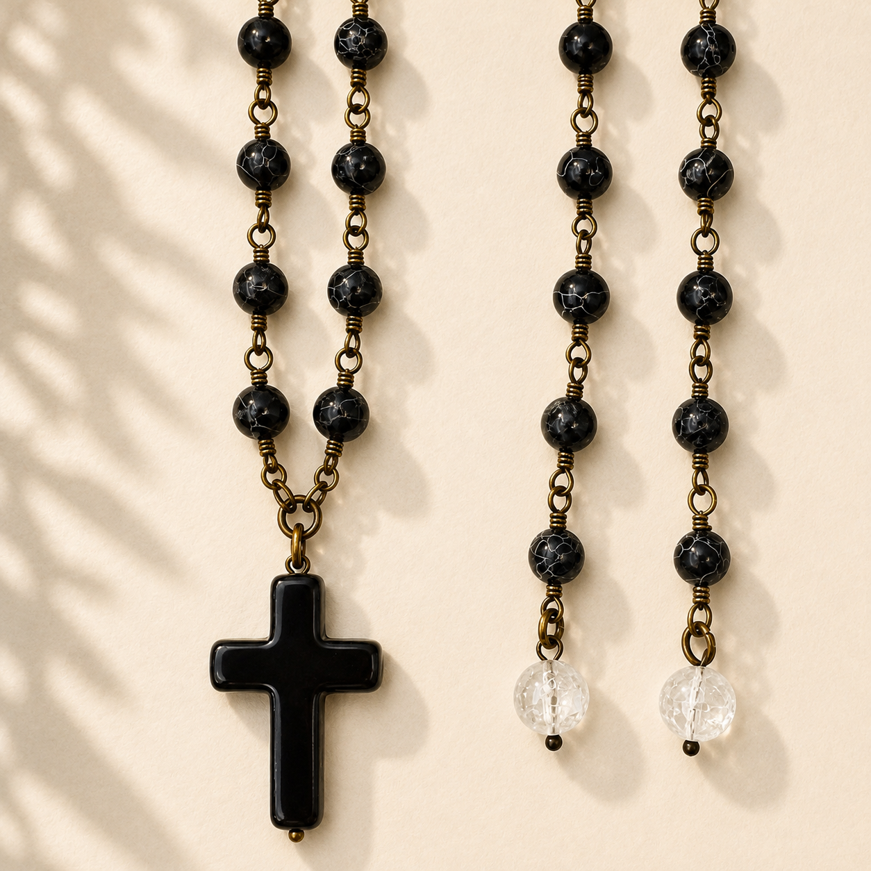 Howlite Cross Onyx Rosary Necklace