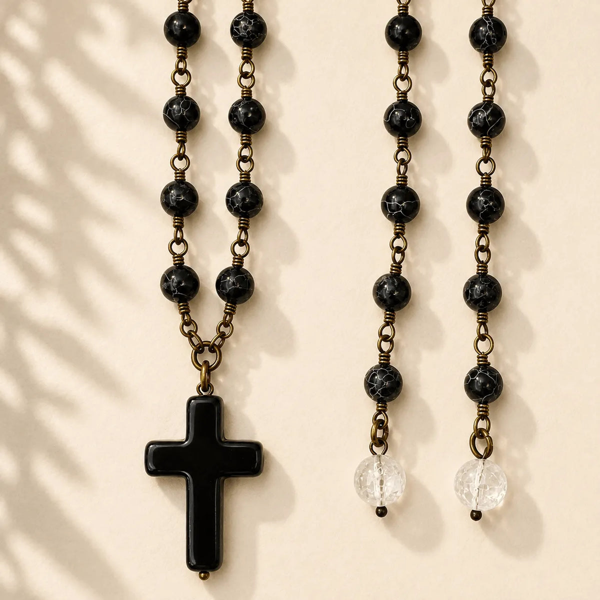 Howlite Cross Onyx Rosary Necklace