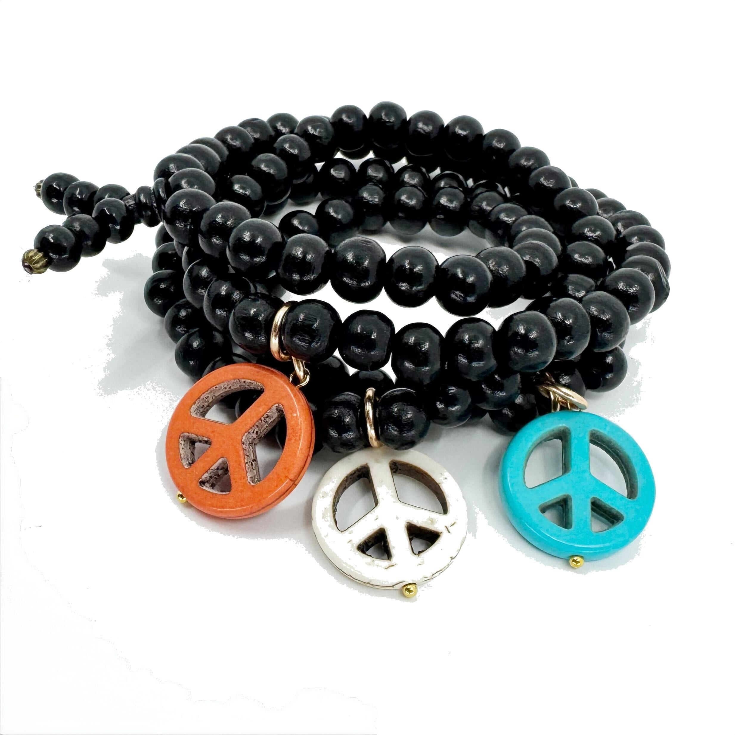 Howlite Peace Sign Wood Boho Wrap Bracelet/Necklace