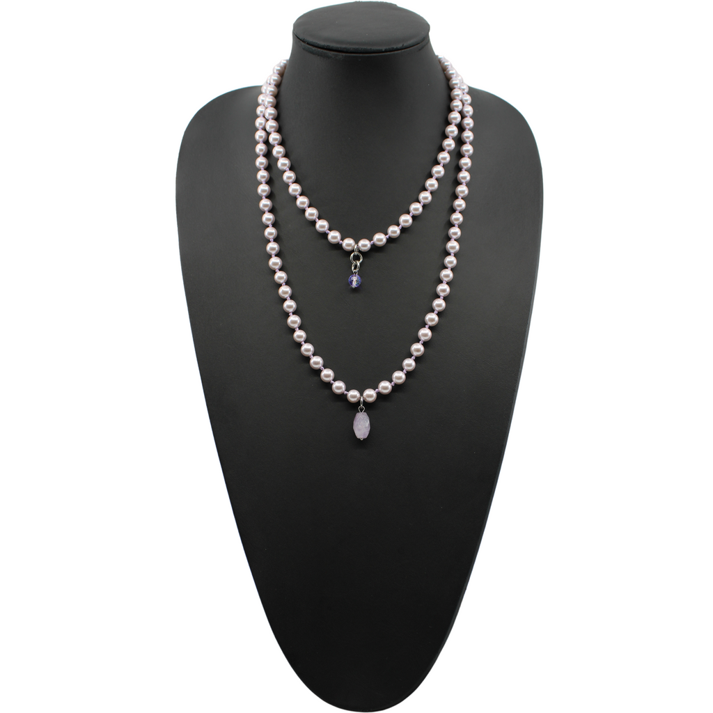 LILAC layering pearl necklace;
Strings of LILAC pearls with DOGTOOTH AMETHYSTAND FACETED CLEAR AB CRYSTAL