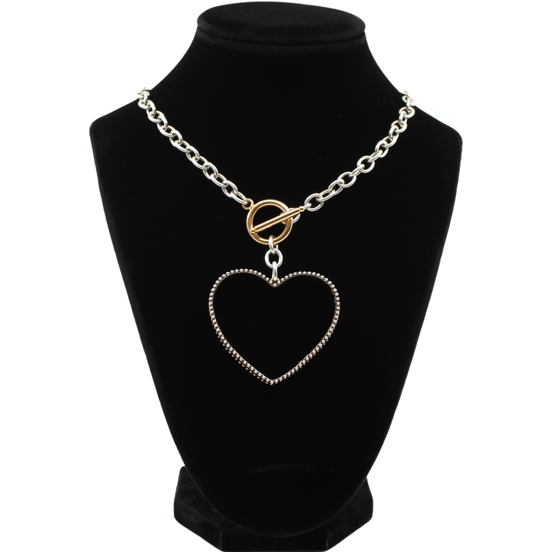 love always open heart mix metal statement choker necklace from katia designs. statement choker necklace adorned with a large hollow heart pendant, showcasing a two-tone design embellished trim and a heartfelt inscription. 
silver chain variant displayed on velvet bust.