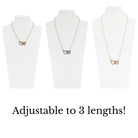 Three necklaces on mannequins with text 'Adjustable to 3 lengths!' on a white background