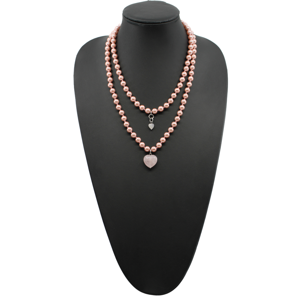 PINK layering pearl necklace
Strings of PINK pearls with ROSE QUARTZ heart-shaped pendant