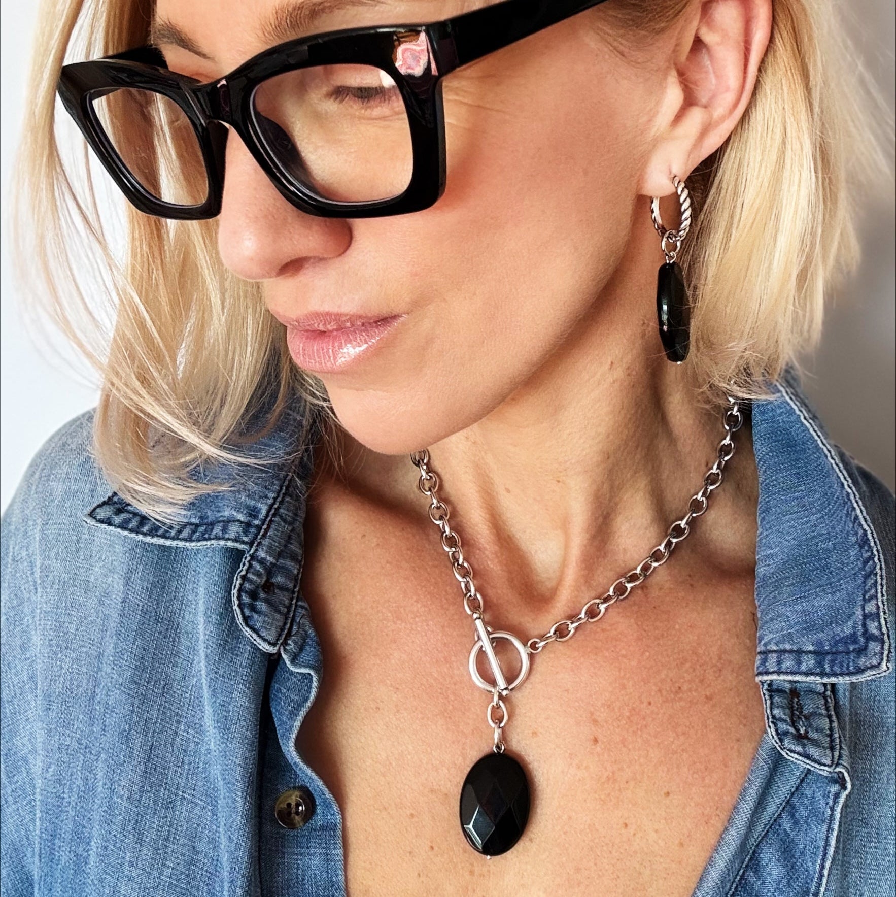 Black Onyx Choker & Huggie Earring Set