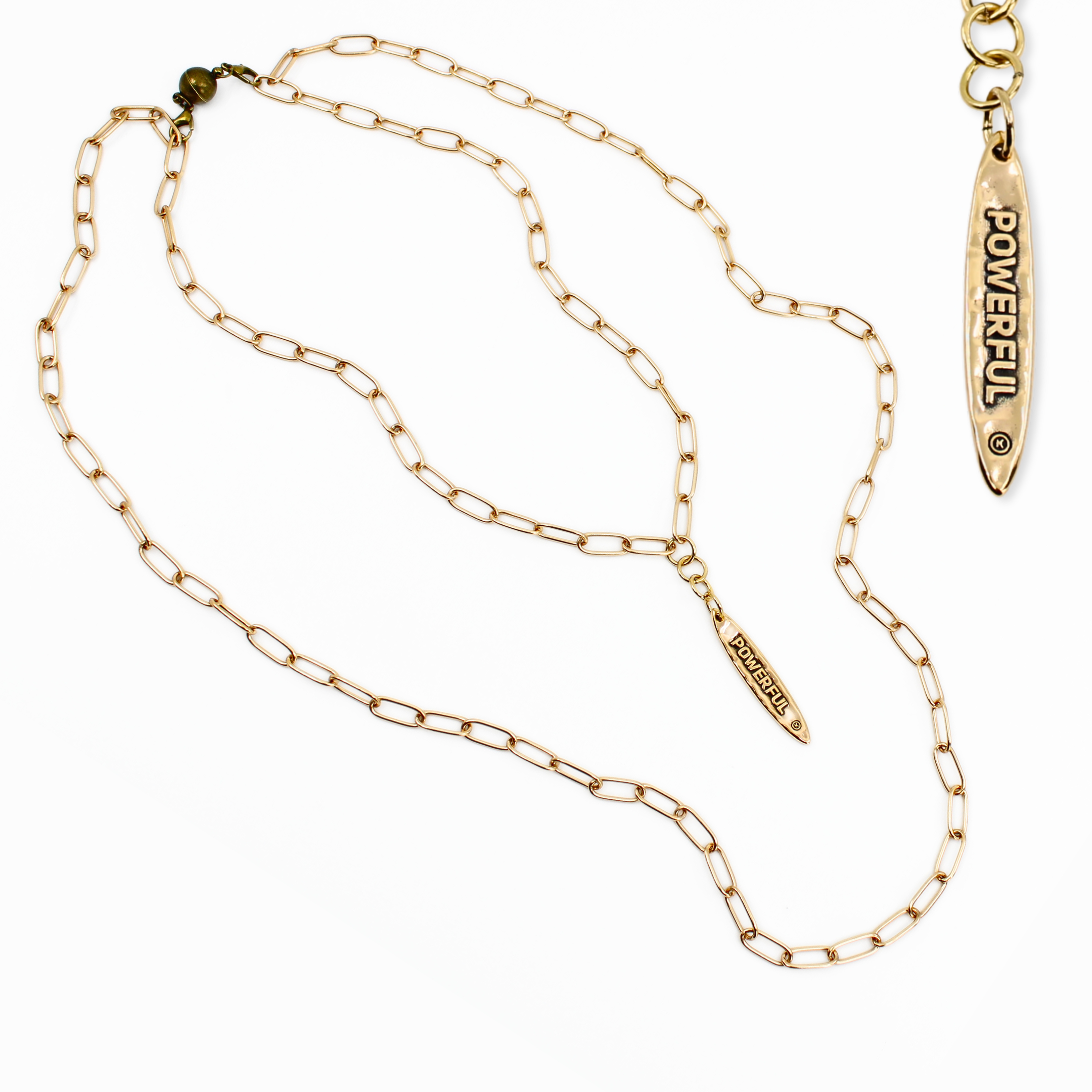 Gold chain necklace with a pendant on a white background
