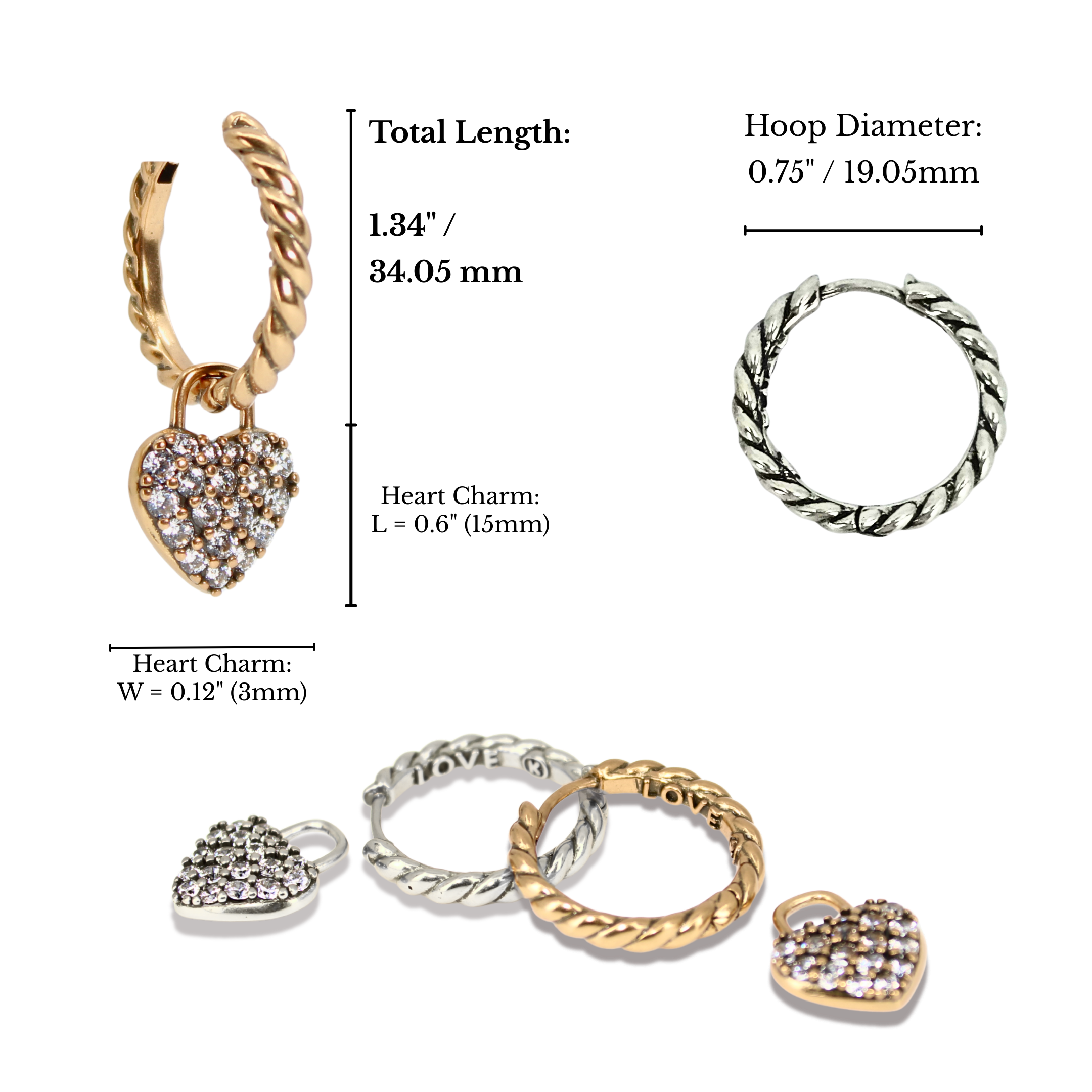 Gold and silver hoop earrings with heart charms, showing measurements on a white background.