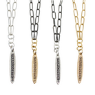 Four necklaces with chain links and pendant tags on a white background