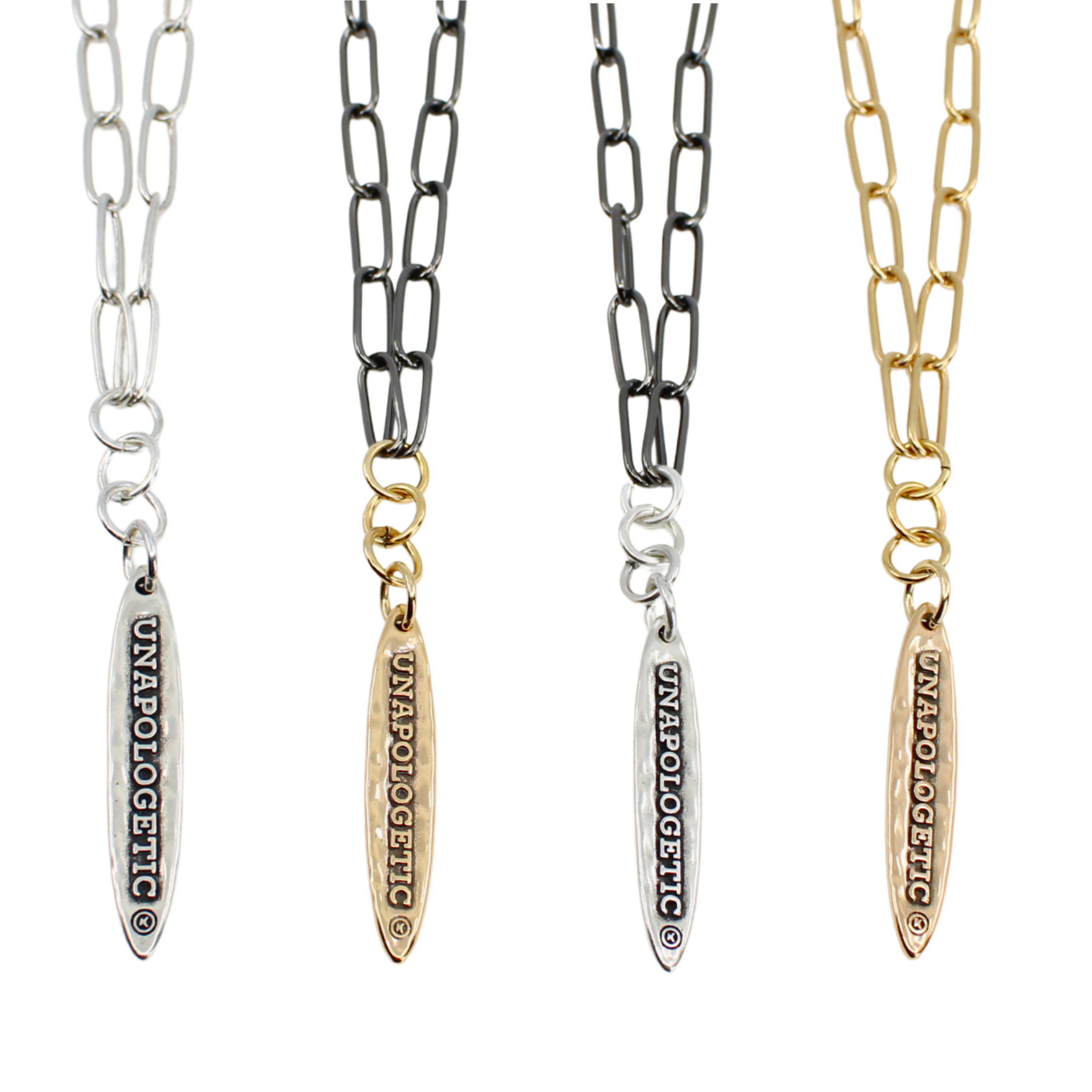 Four necklaces with chain links and pendant tags on a white background