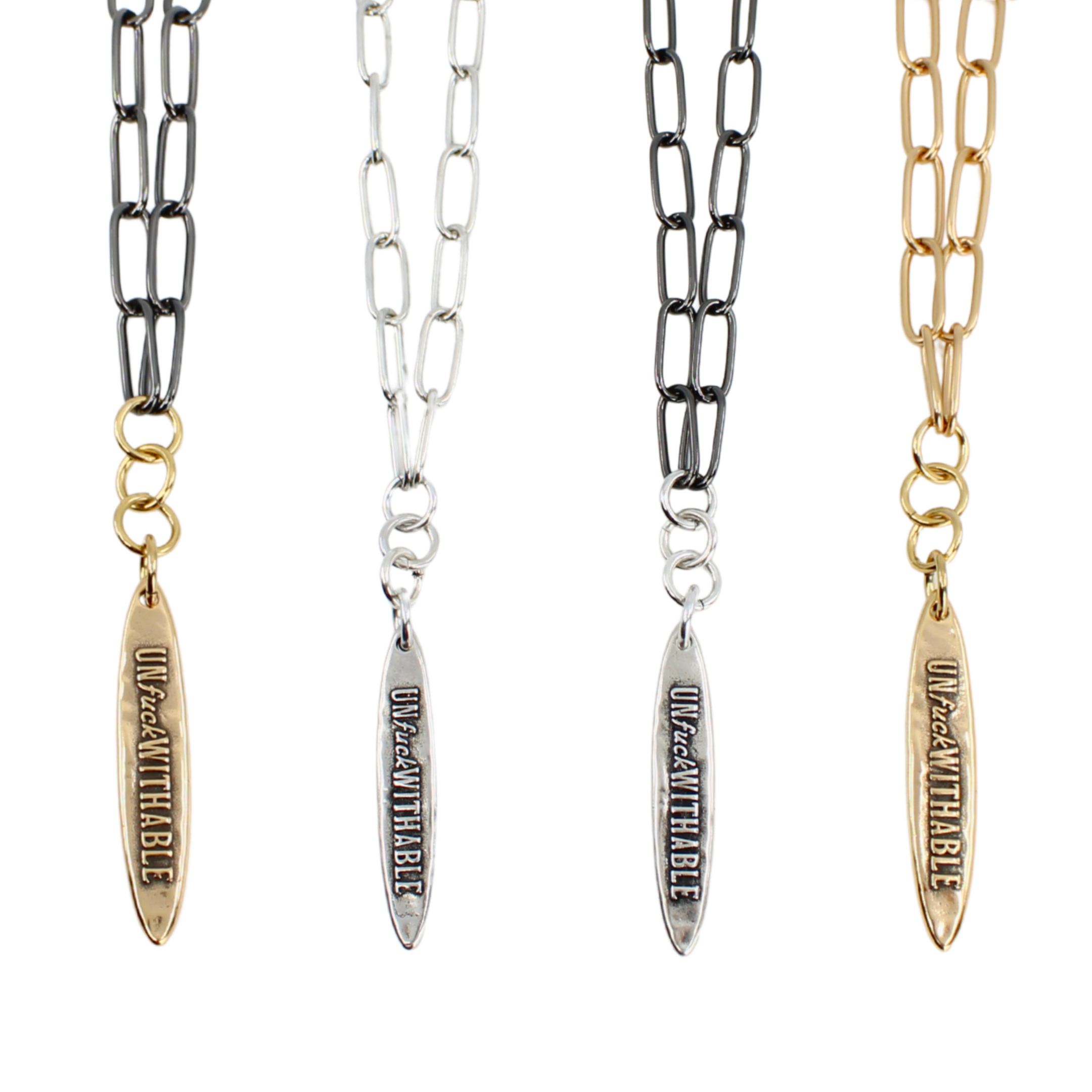 Four necklaces with chain links and pendant tags on a white background