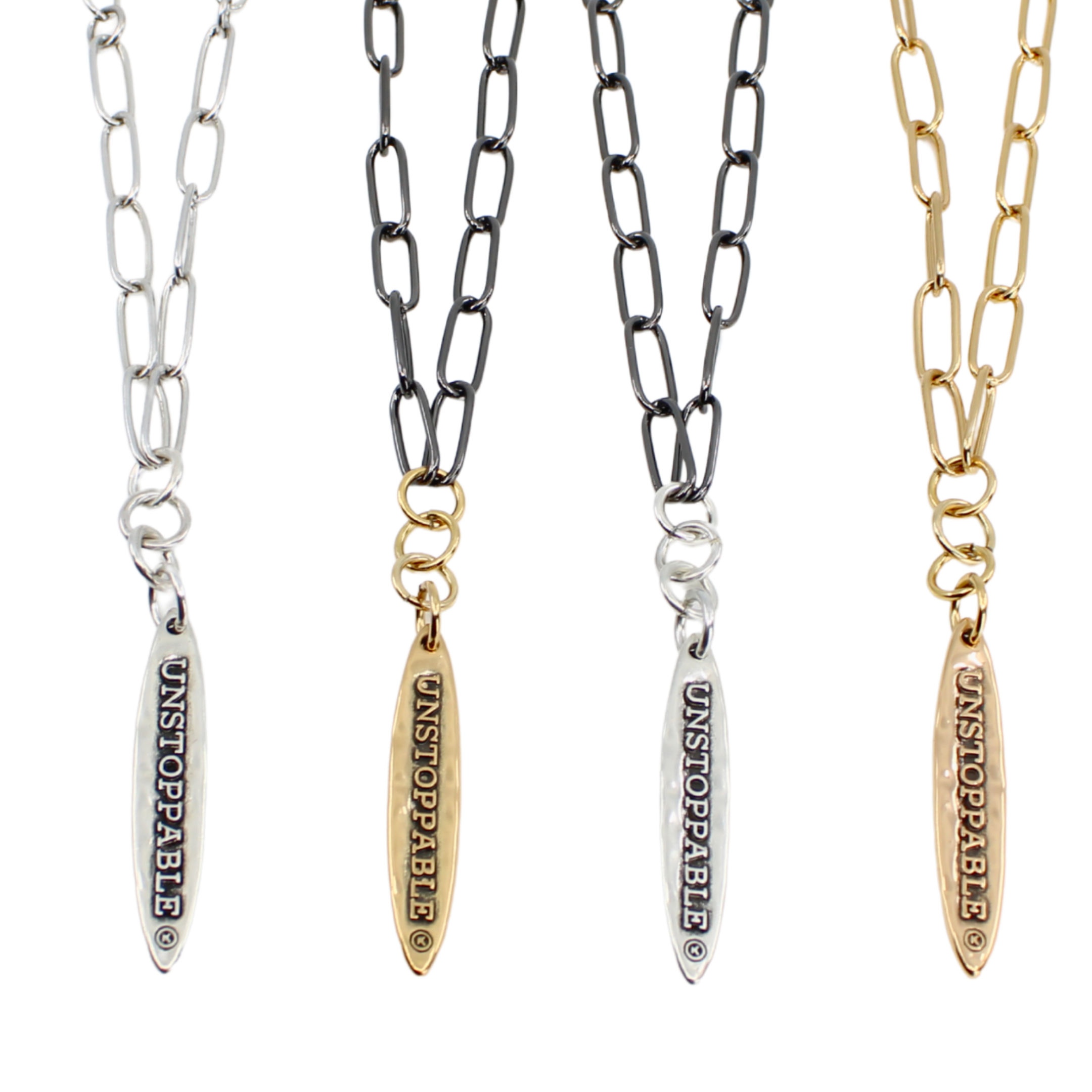 Four chain necklaces in different colors with 'Unstoppable' pendants on a white background.