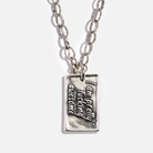 Silver necklace with a pendant that reads 'I am pretty tucking awesome' on a white background
